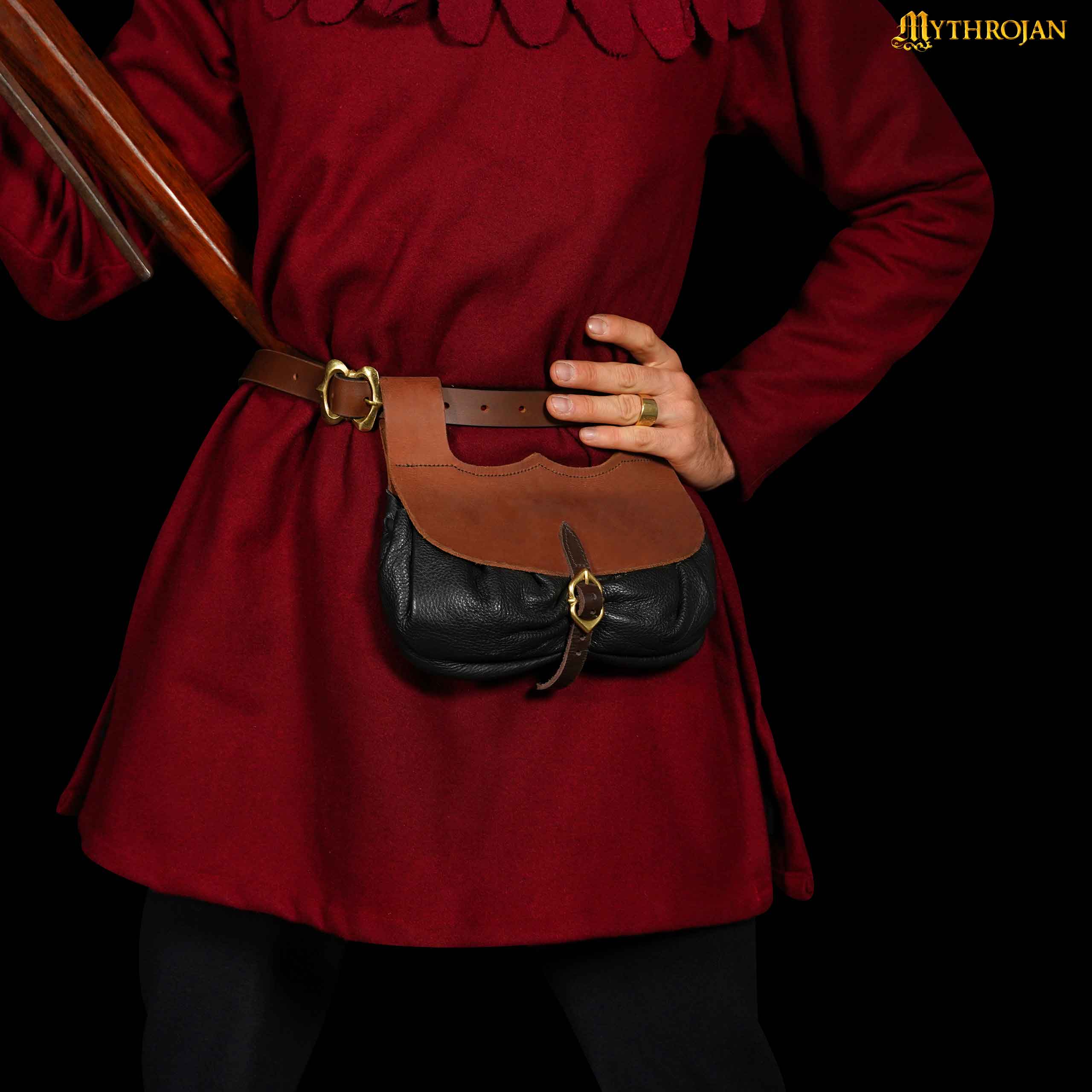Mythrojan Medieval Belt Bag with Solid Brass Buckle , Ideal for Cosplay SCA LARP Reenactment & Ren fair, Full Grain Leather, Brown and Black, 8.2 ” × 8.6”