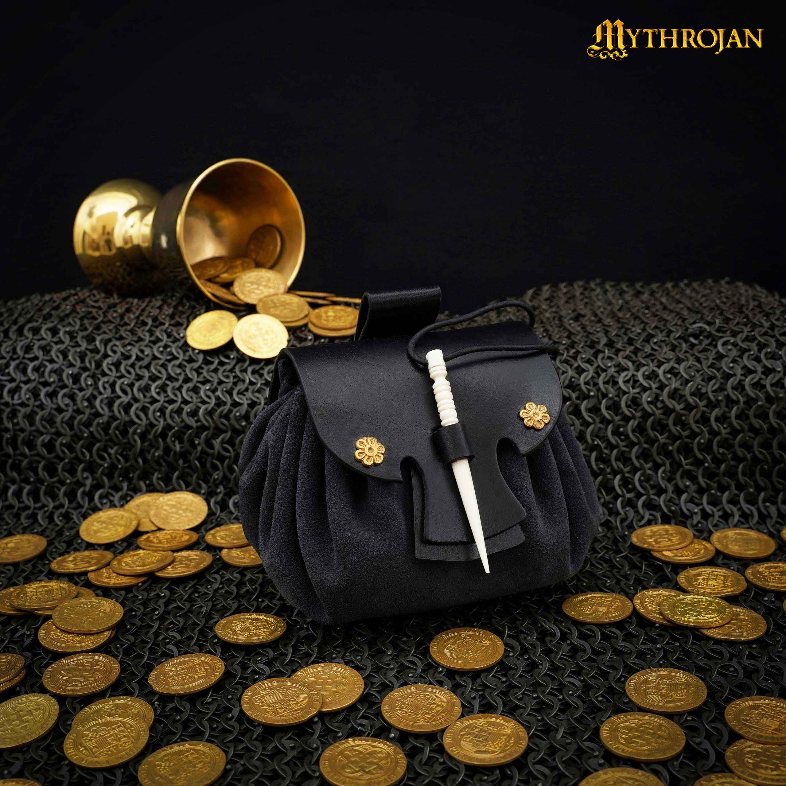 Mythrojan “ Gold and Dice ” Medieval Fantasy Belt Bag with Bone Needle Closure, Ideal for SCA LARP Reenactment & Ren fair, Midnight Navy Blue , 3.5”