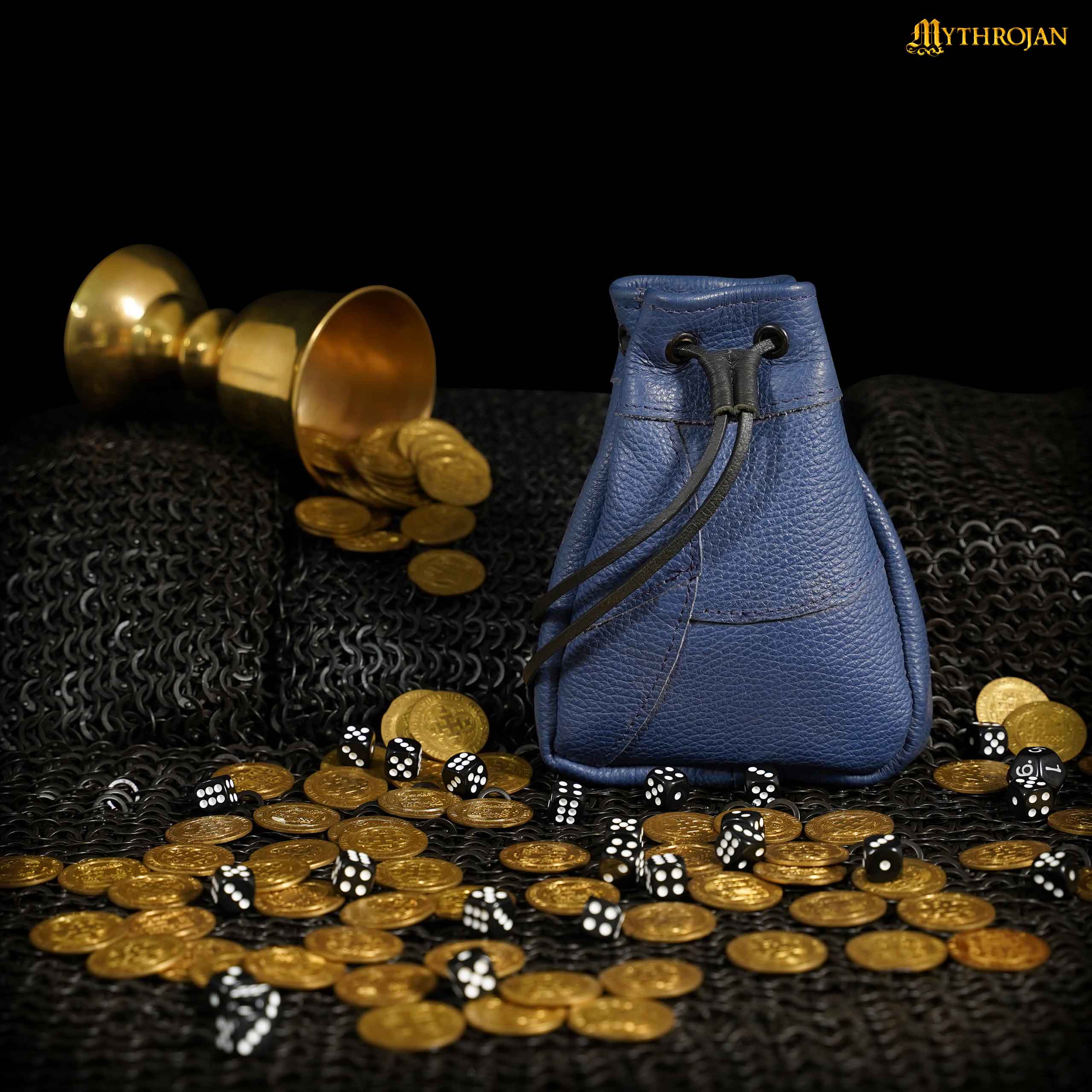 Mythrojan Medieval Drawstring Bag, Ideal for SCA LARP Reenactment & Ren fair - Full Grain Leather, Blue, 7”×5”