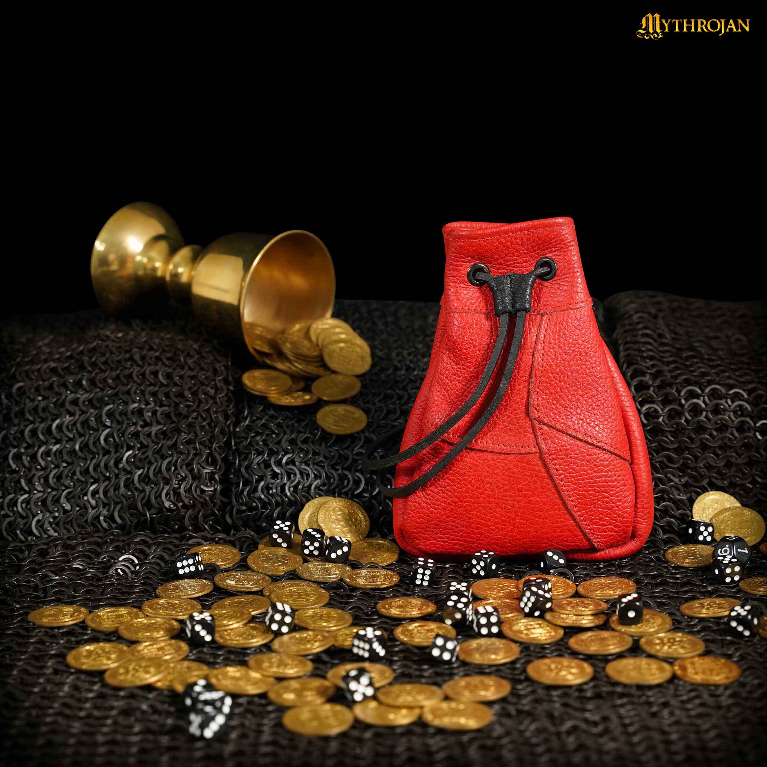 Mythrojan Medieval Drawstring Bag, Ideal for SCA LARP Reenactment & Ren fair - Full Grain Leather, Red 7 ” ×5 ”
