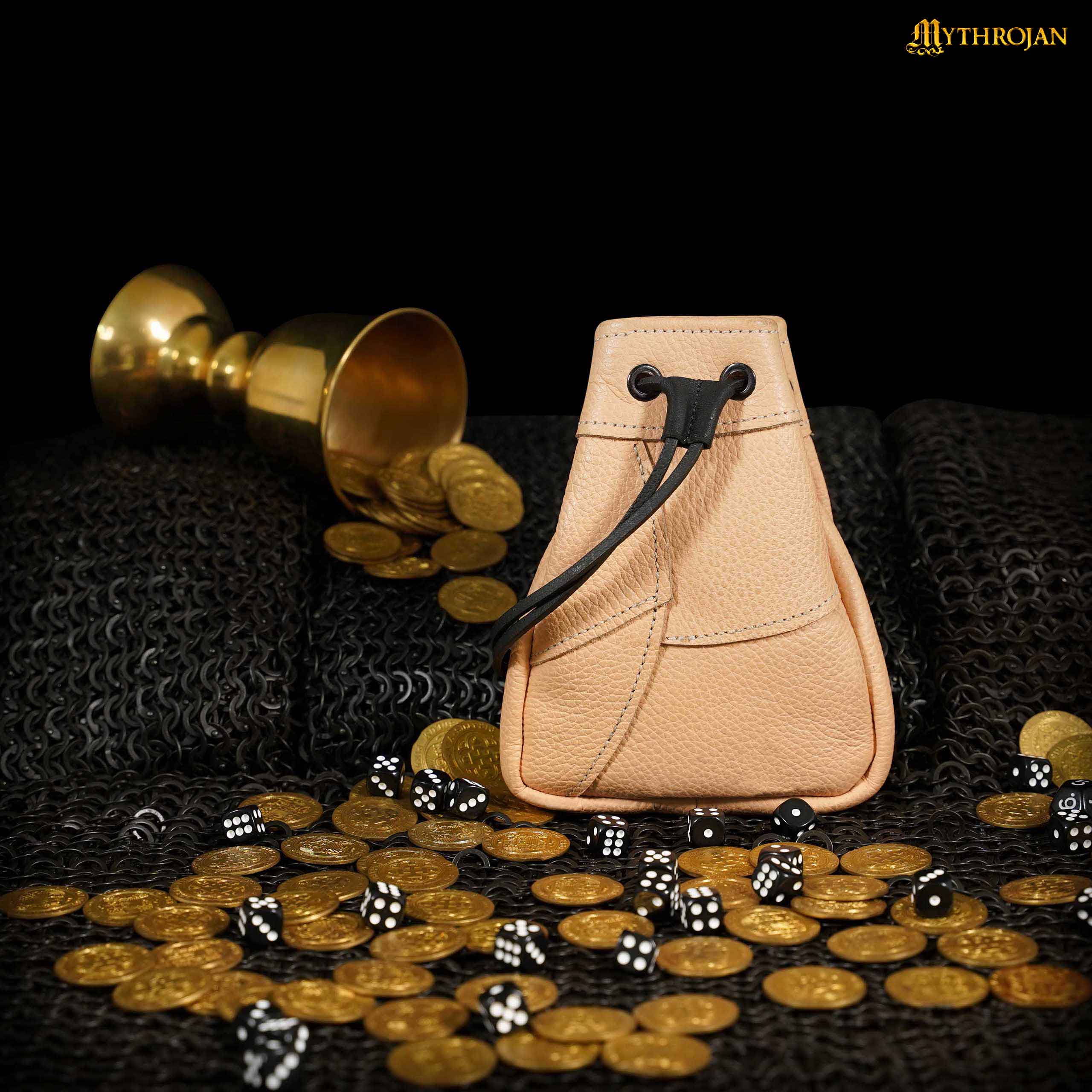 Mythrojan Medieval Drawstring Bag, Ideal for SCA LARP Reenactment & Ren fair - Full Grain Leather, Natural 7 ” ×5 ”