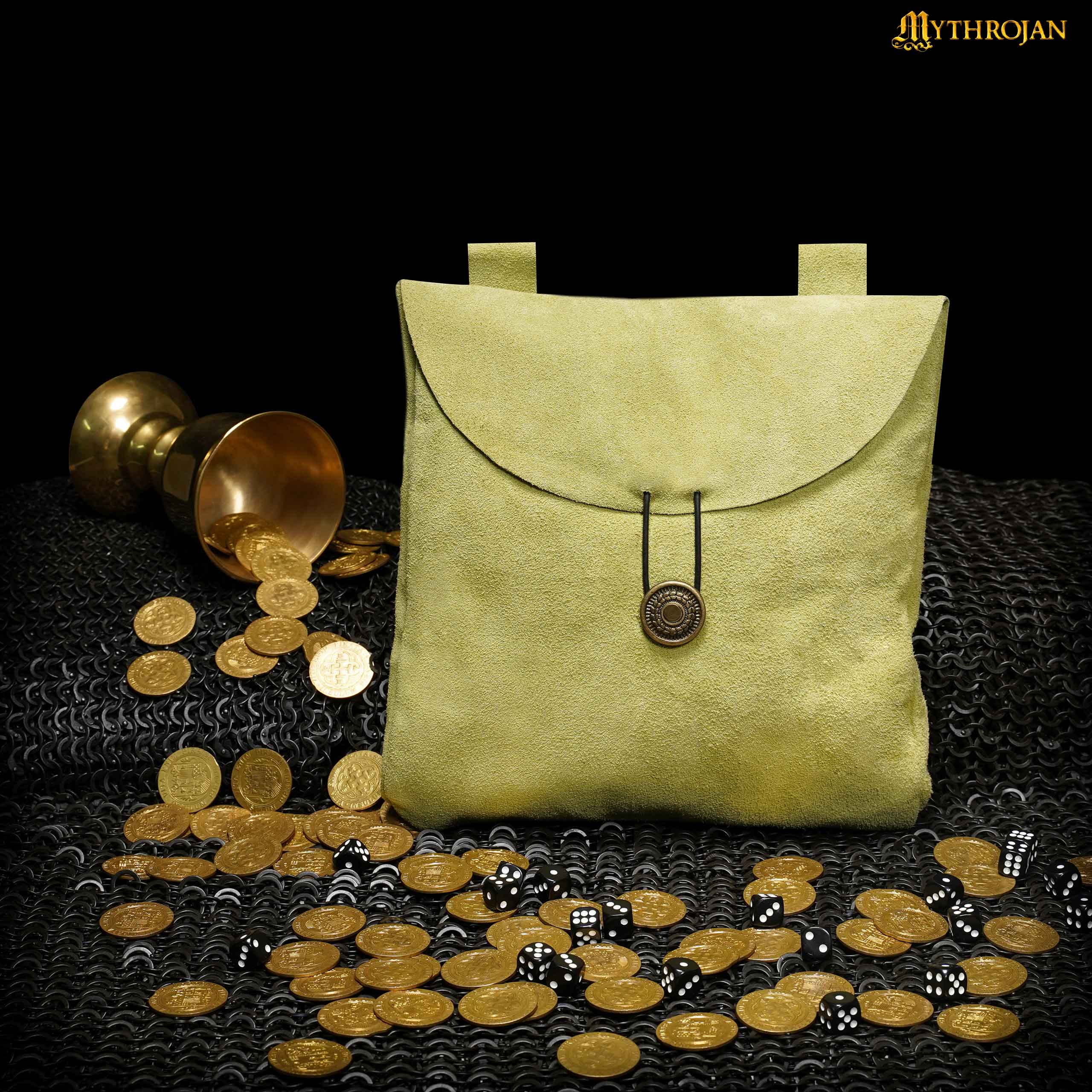 Mythrojan Large Suede Belt Bag, Ideal for SCA LARP Reenactment & Ren Fair, Suede Leather, Citrus, 9”×9”