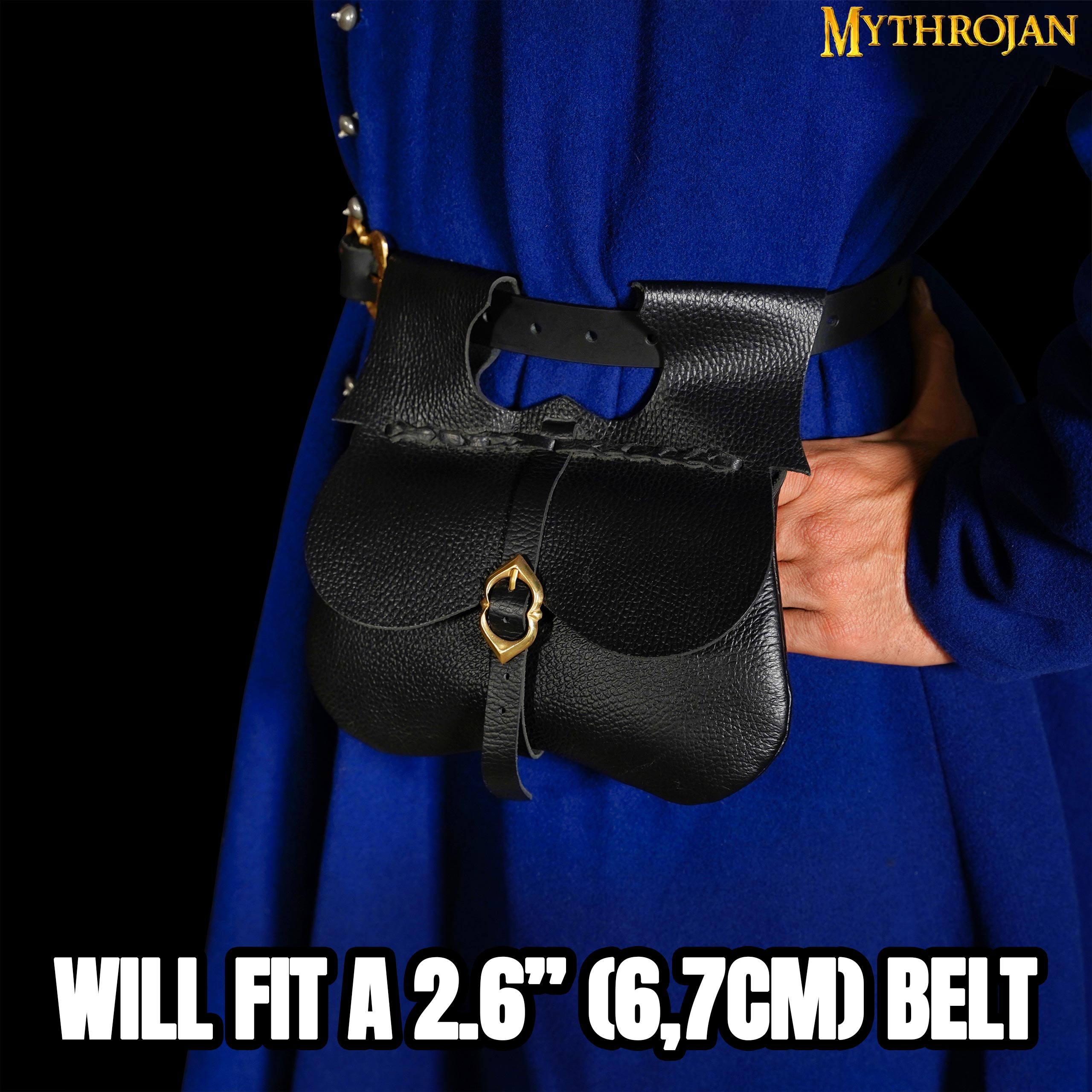 Mythrojan Classic Medieval Belt Bag with Solid Brass Buckle, Ideal for SCA LARP Reenactment & Ren Fair, Full Grain Leather, Black 8.5”×9”