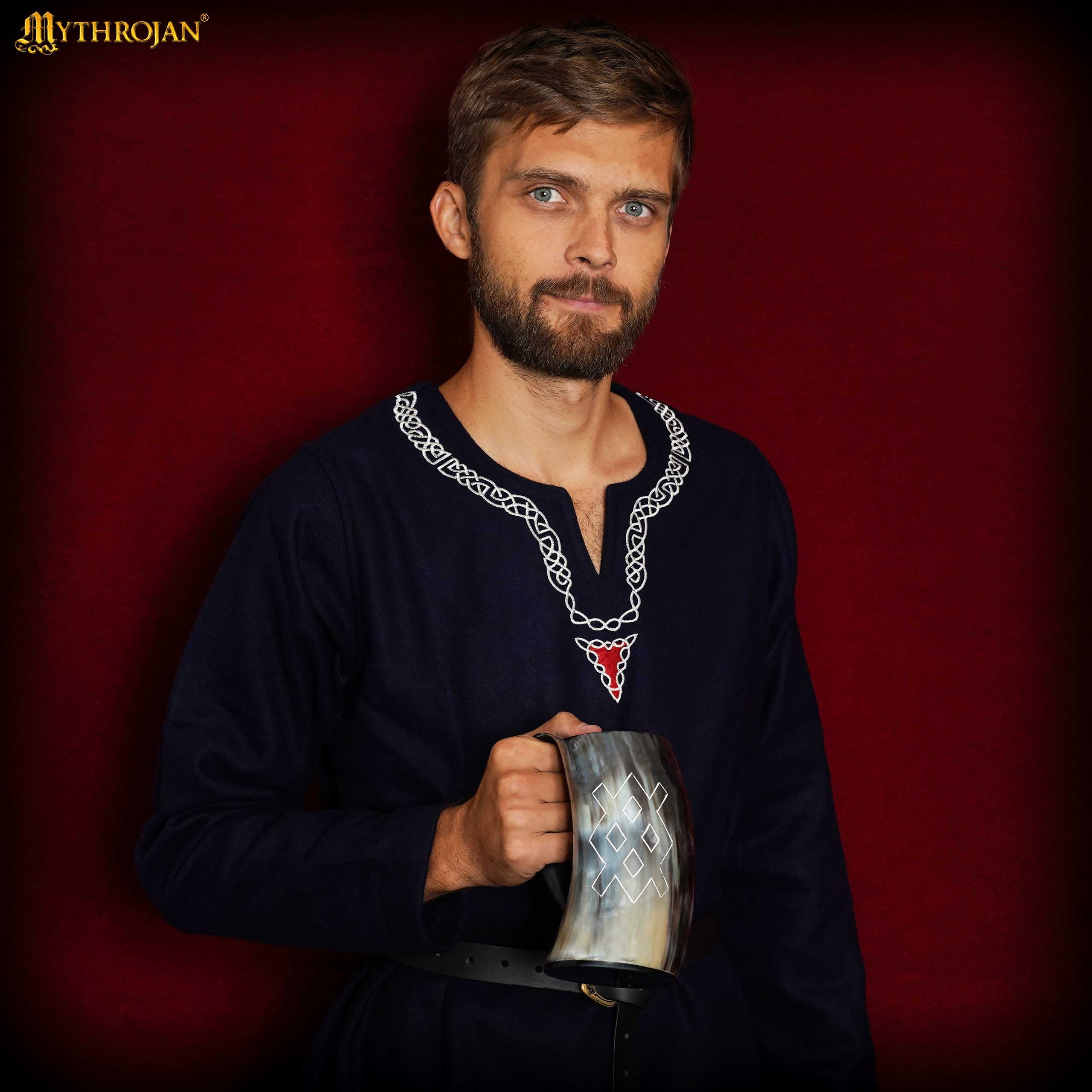 Mythrojan Tumbler Viking Drinking Cup with Handle & Medieval Buckle Renaissance with Leather Strap - Unique Patern