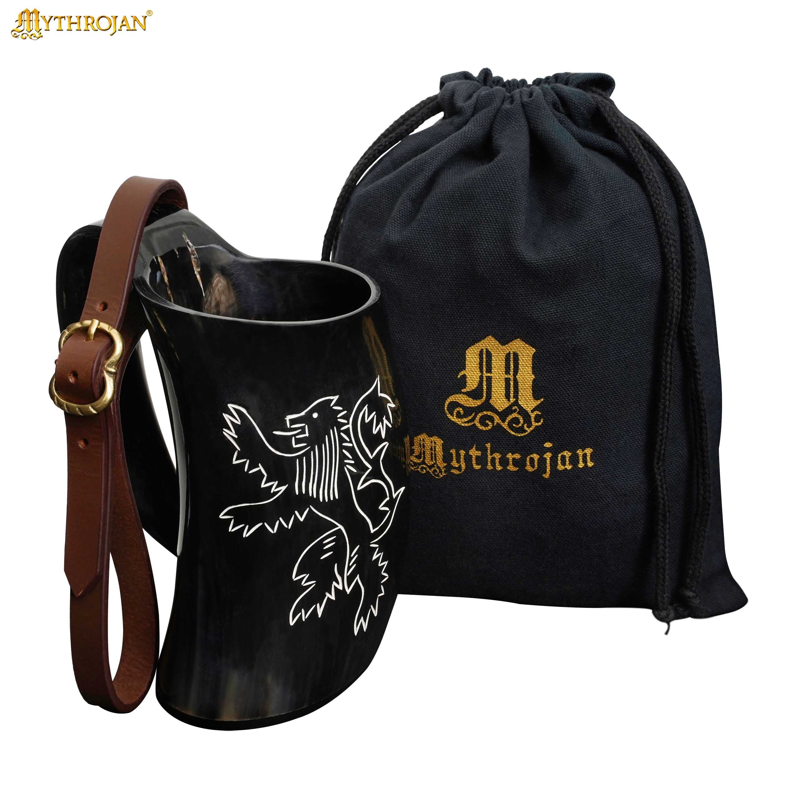 Mythrojan Tumbler Viking Drinking Cup with Handle & Medieval Buckle Renaissance with Leather Strap - 600 ML / Rampat Lion