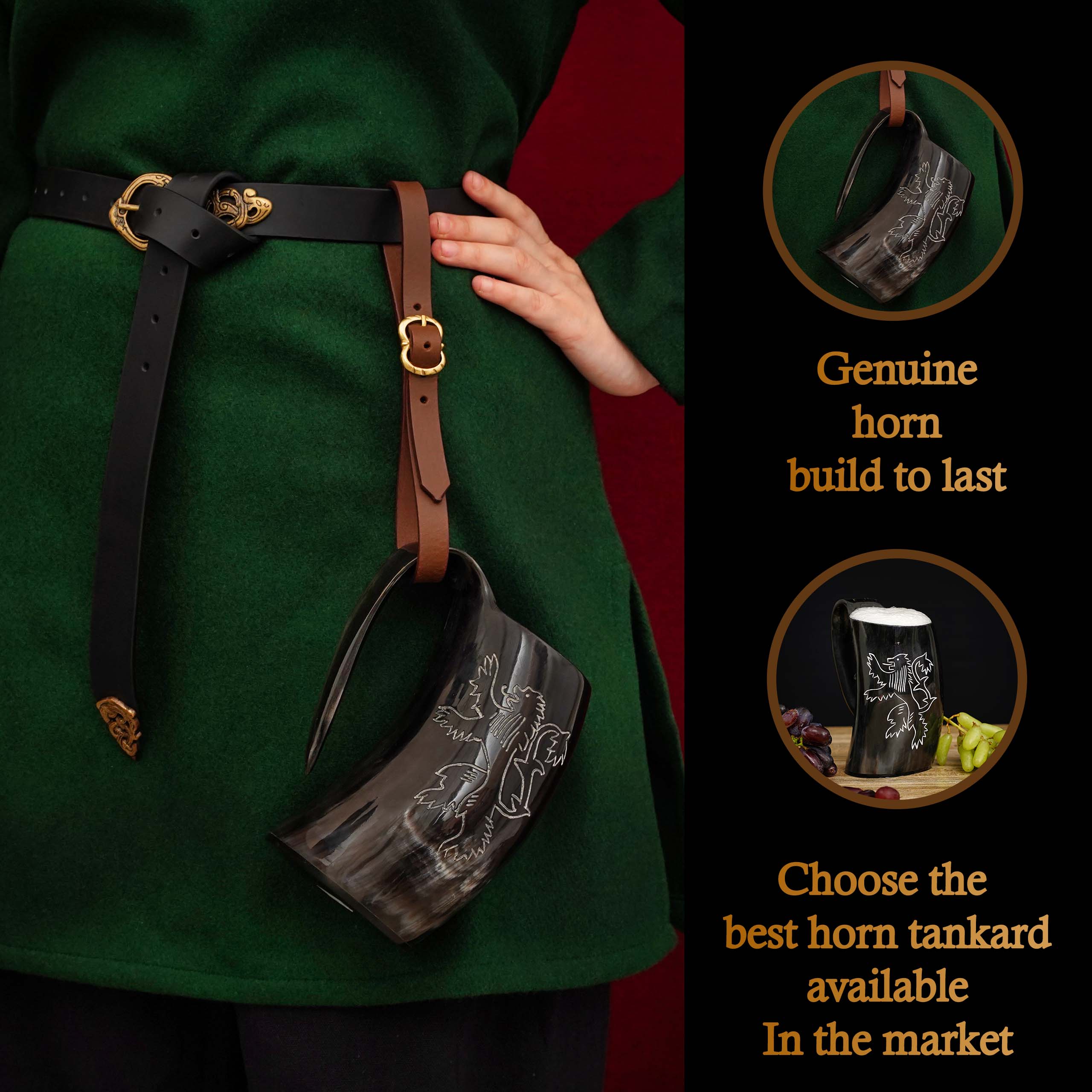 Mythrojan Tumbler Viking Drinking Cup with Handle & Medieval Buckle Renaissance with Leather Strap - 600 ML / Rampat Lion