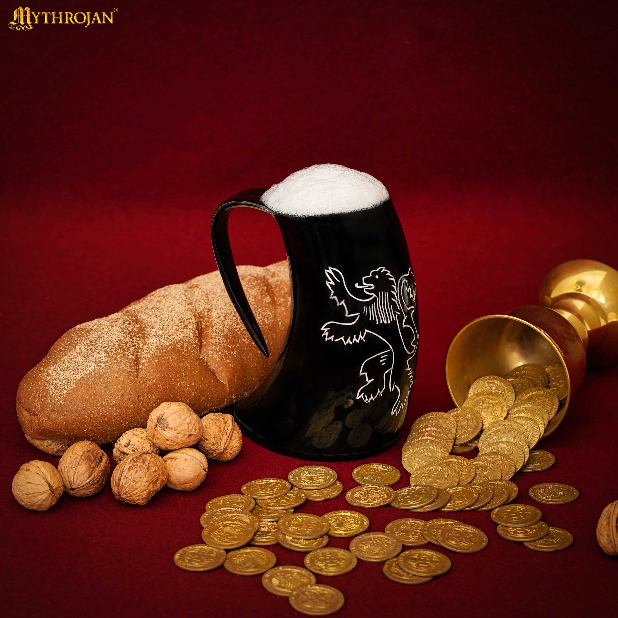 Mythrojan Tumbler Viking Drinking Cup with Handle & Medieval Buckle Renaissance with Leather Strap - 600 ML / Rampat Lion