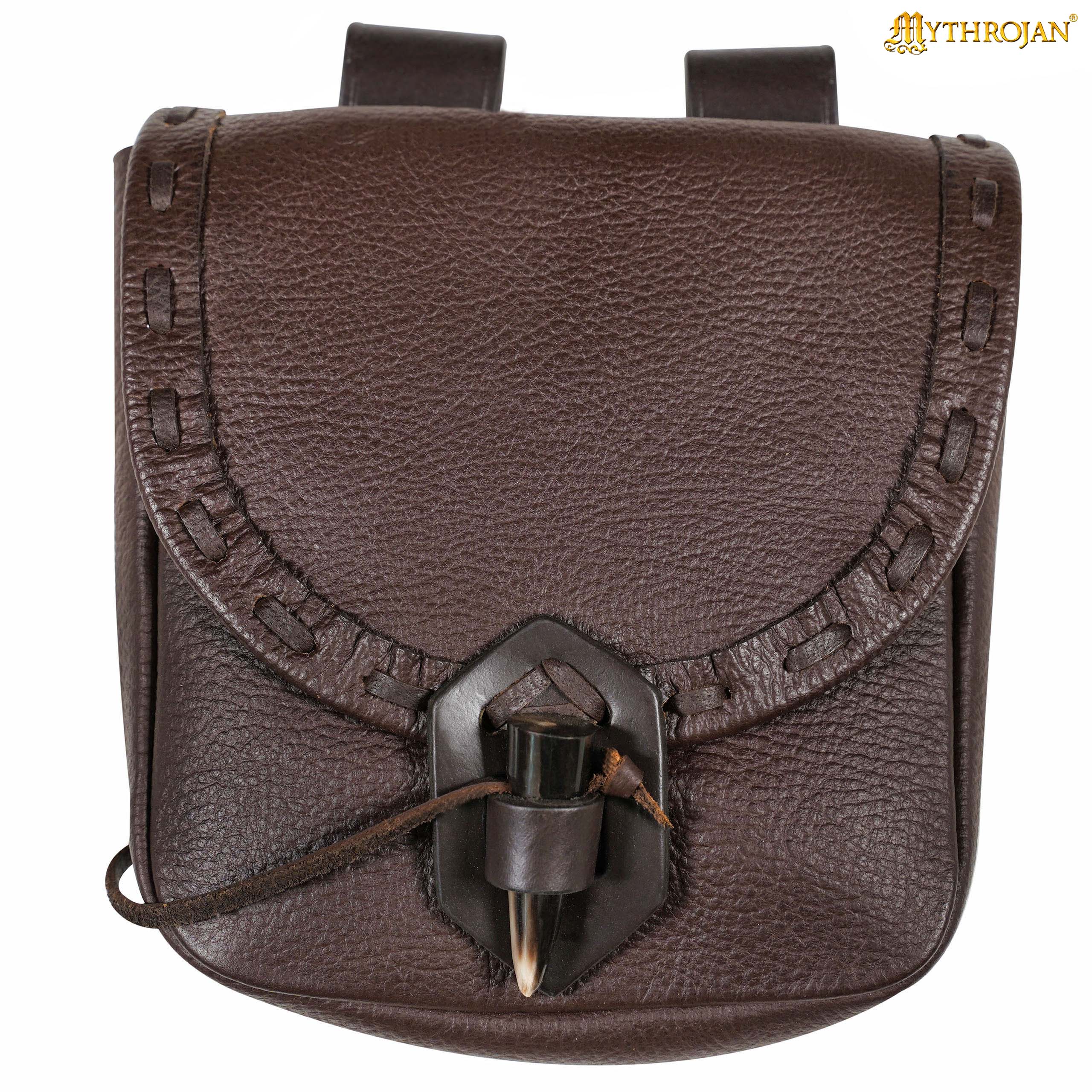 Mythrojan “The Adventurer’s” Belt Bag with Horn Toggle, Ideal for SCA LARP Reenactment & Ren fair, Full Grain Leather, Brown, 8”x 7”