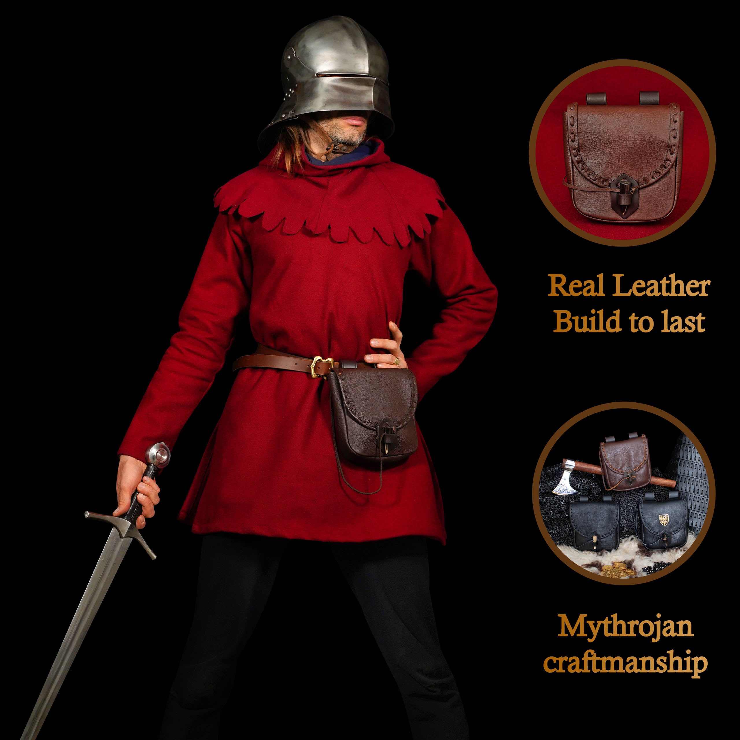 Mythrojan “The Adventurer’s” Belt Bag with Horn Toggle, Ideal for SCA LARP Reenactment & Ren fair, Full Grain Leather, Brown, 8”x 7”