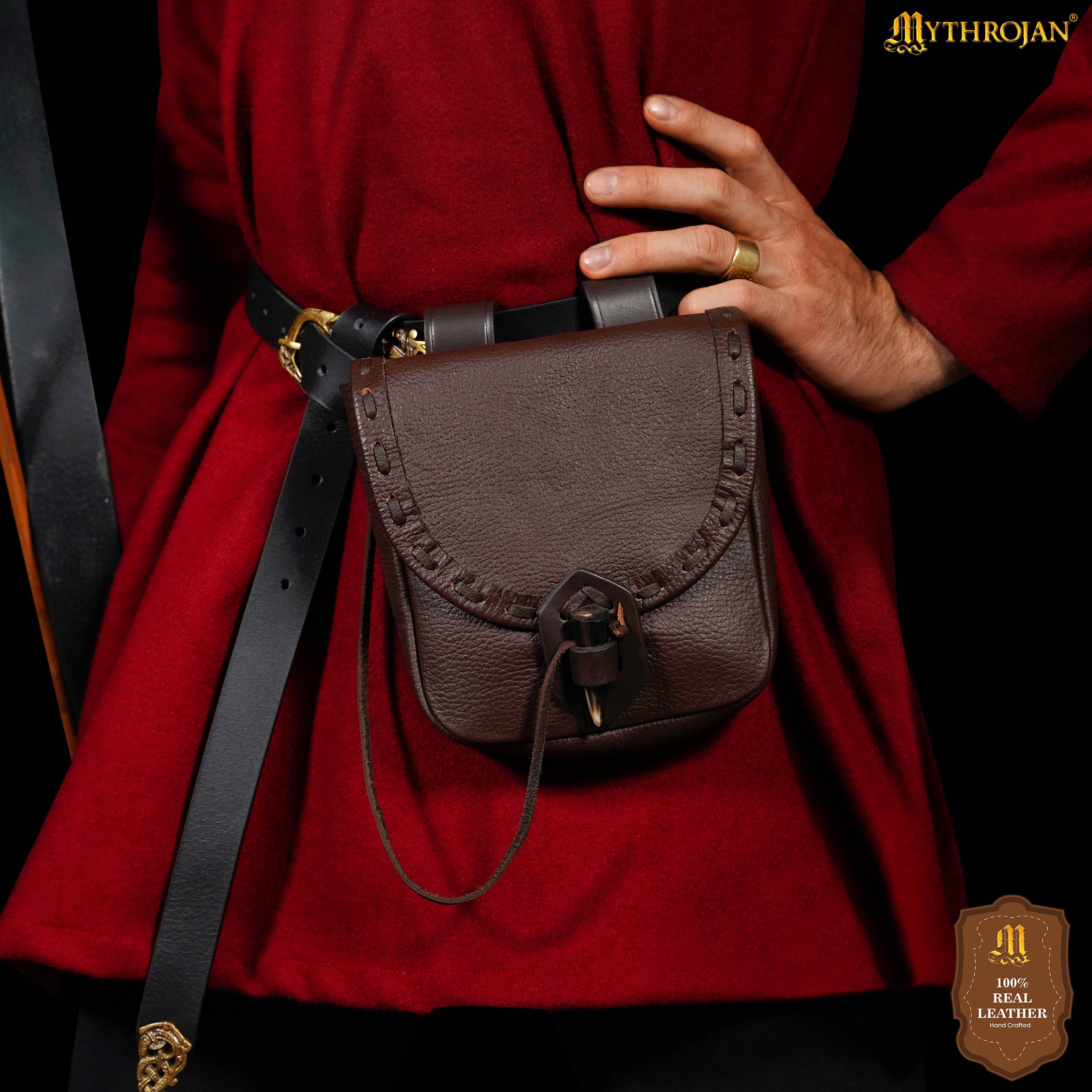 Mythrojan “The Adventurer’s” Belt Bag with Horn Toggle, Ideal for SCA LARP Reenactment & Ren fair, Full Grain Leather, Brown, 8”x 7”