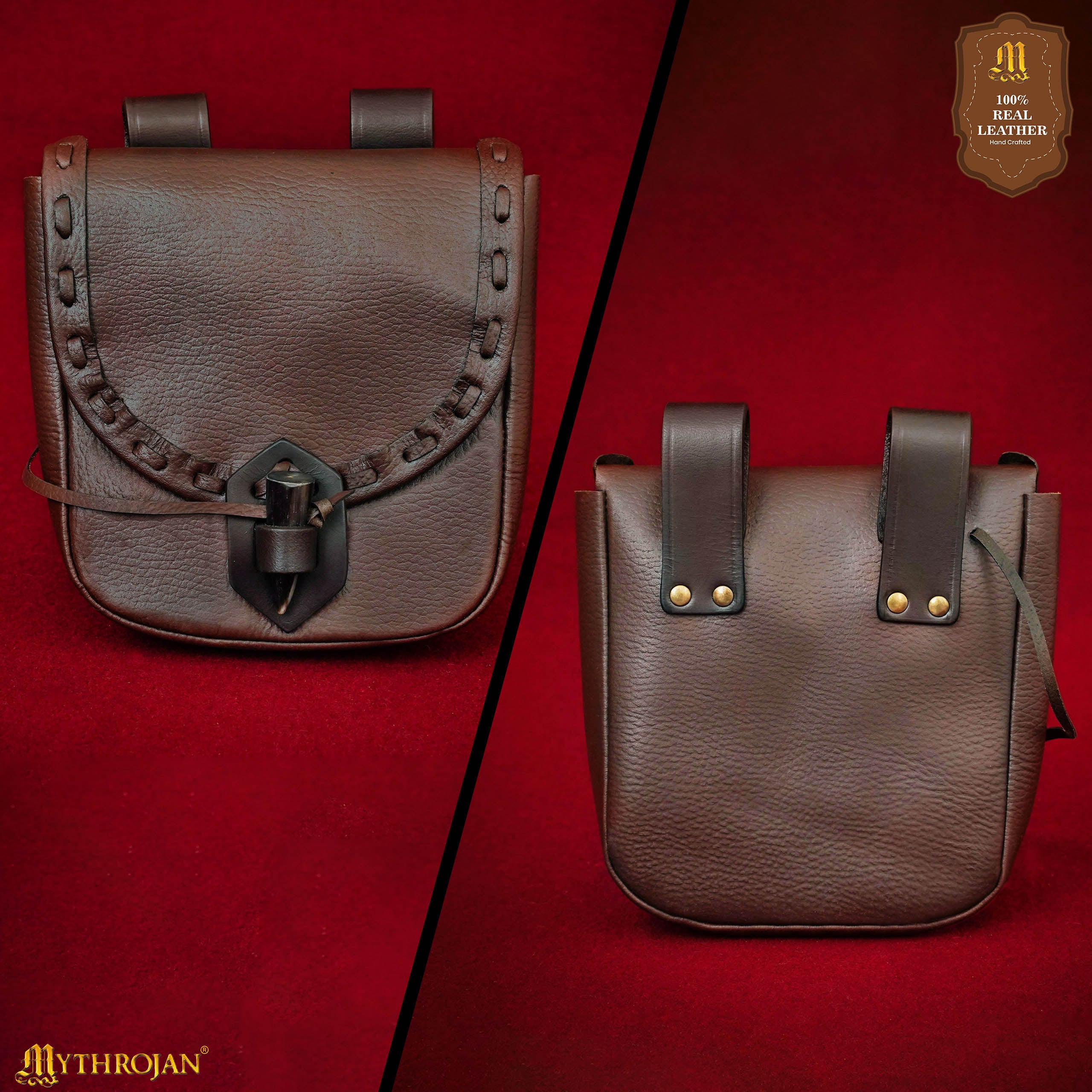Mythrojan “The Adventurer’s” Belt Bag with Horn Toggle, Ideal for SCA LARP Reenactment & Ren fair, Full Grain Leather, Brown, 8”x 7”