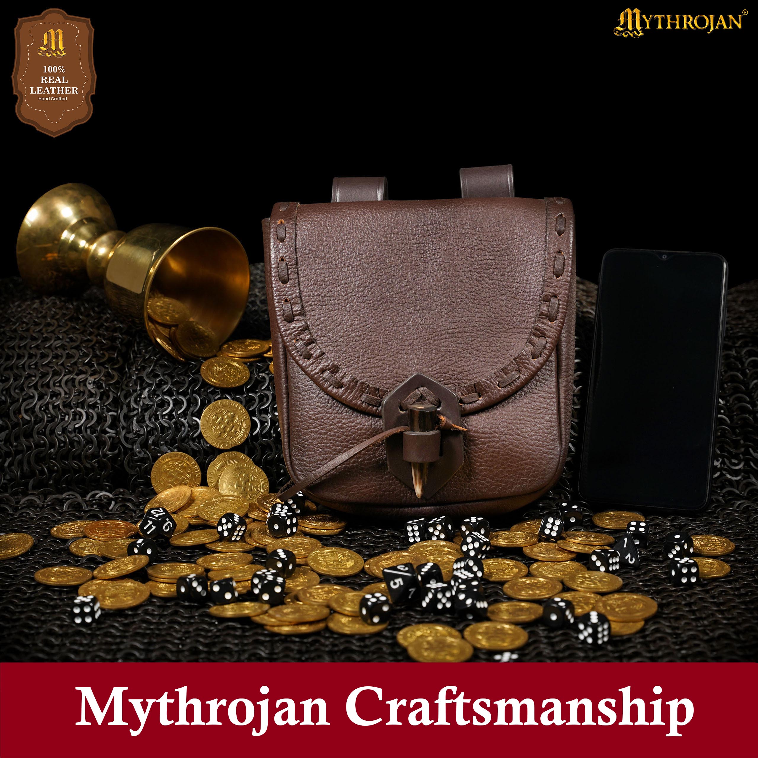Mythrojan “The Adventurer’s” Belt Bag with Horn Toggle, Ideal for SCA LARP Reenactment & Ren fair, Full Grain Leather, Brown, 8”x 7”