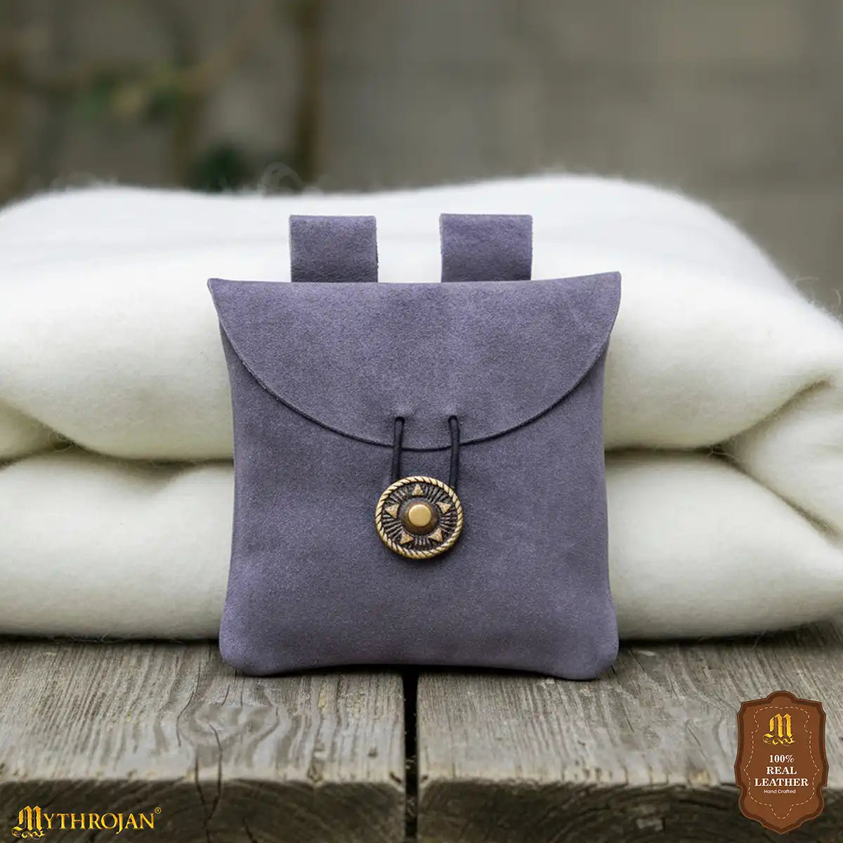 Mythrojan Suede Belt Bag, Ideal for SCA LARP Reenactment & Ren fair, Suede Leather, Blue , 5 .5”× 5.1 ”