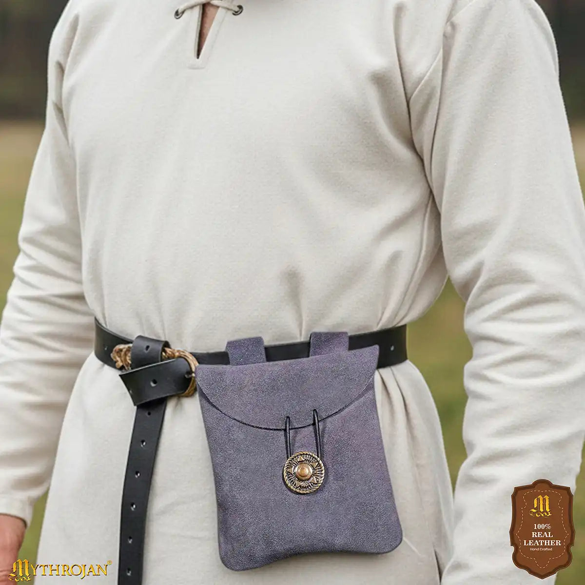 Mythrojan Suede Belt Bag, Ideal for SCA LARP Reenactment & Ren fair, Suede Leather, Blue , 5 .5”× 5.1 ”