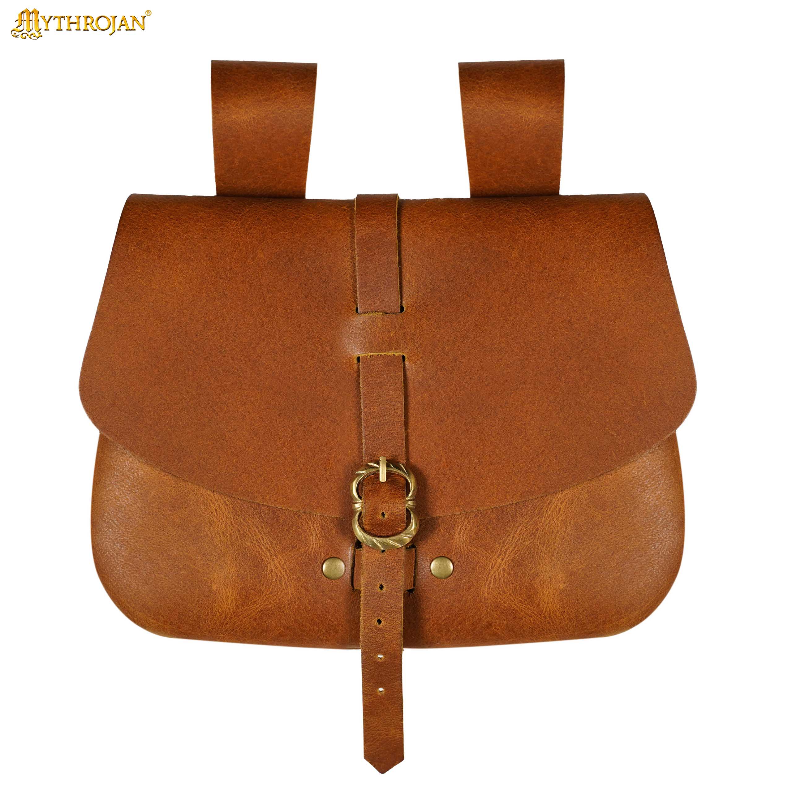 Mythrojan Medieval Leather Bag, Ideal for SCA LARP Reenactment & Ren fair , Full Grain Leather, Brown 6.2 ”× 7 ”