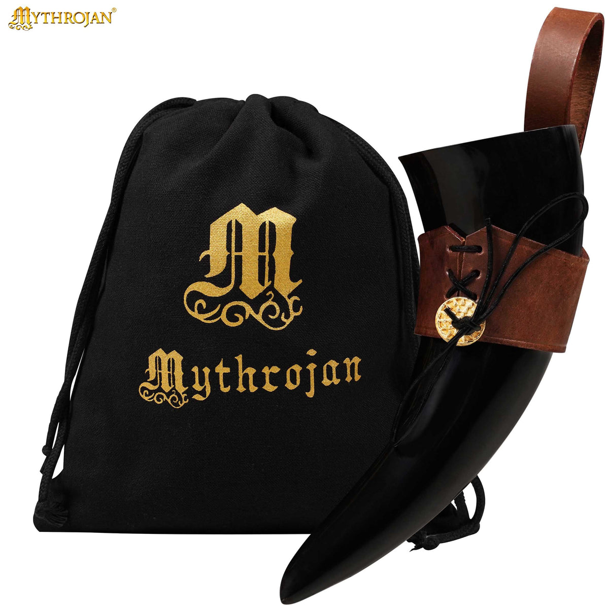 Mythrojan Viking Drinking Horn with Black Leather Holder Authentic Drinking Horn Norse Beer Horn Drinking Horn , 250ml