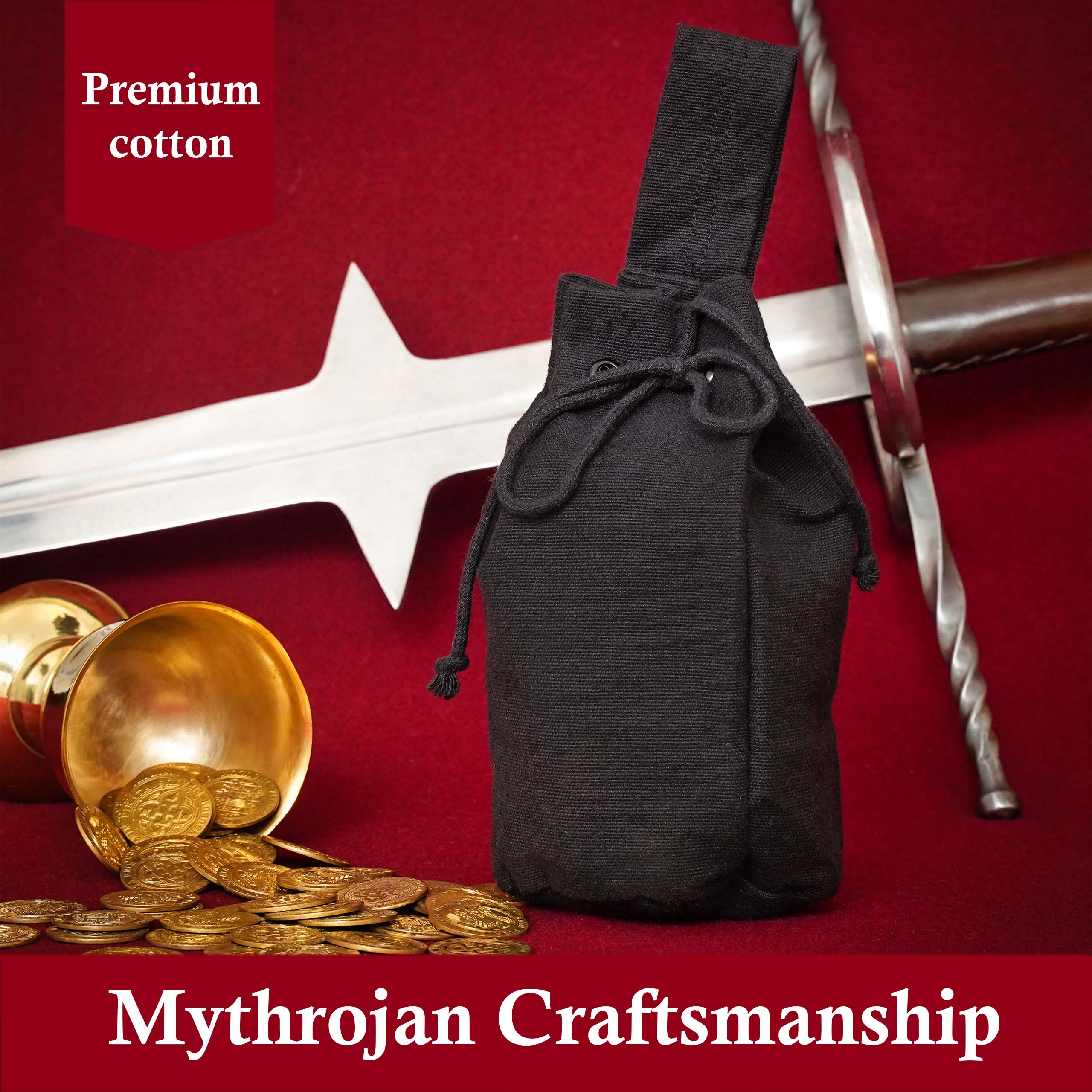 Mythrojan Medieval Drawstring Belt Bag, Ideal for SCA LARP Reenactment & Ren fair, Handwoven Canvas , Black , 8 ”× 6.5 ”
