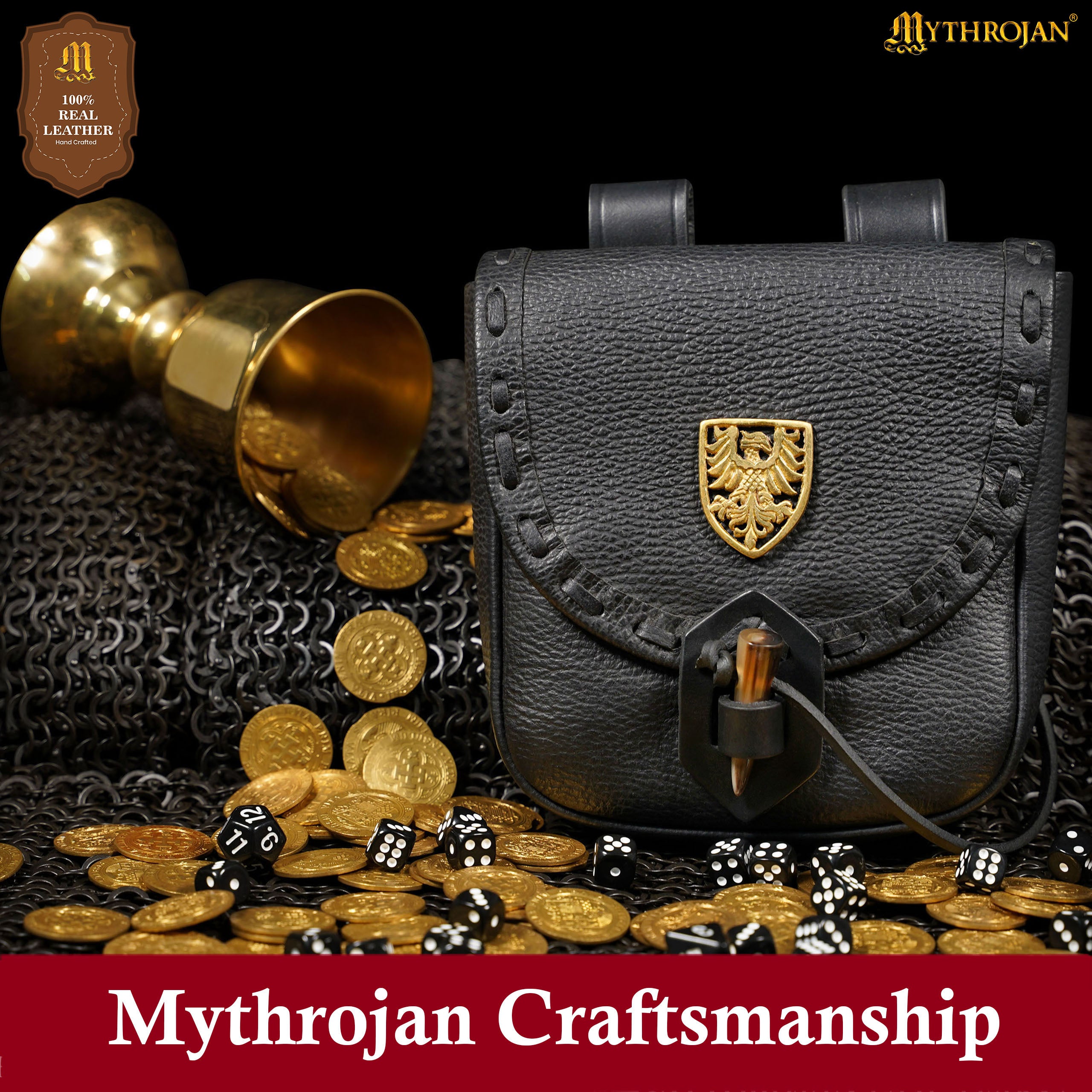 Mythrojan “The Adventurer’s” Belt Bag with Solid Brass Eagle Decoration , Ideal for SCA LARP Reenactment & Ren fair, Full Grain Leather, Black , 8”x 7”