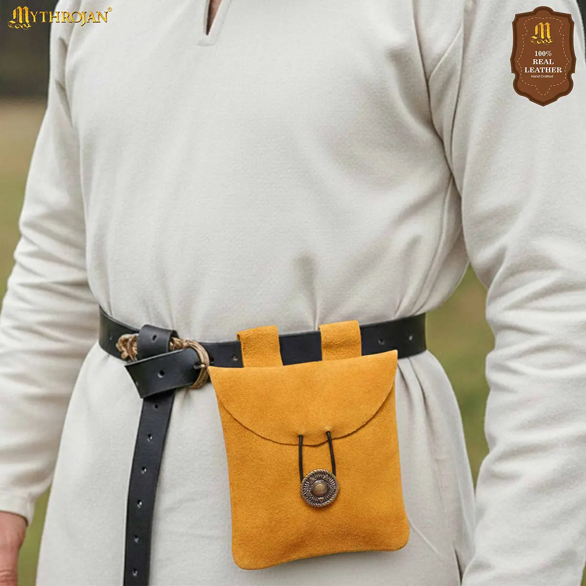 Mythrojan Suede Belt Bag, Ideal for SCA LARP Reenactment & Ren fair, Suede Leather, Yellow , 5 .5”× 5.1 ”
