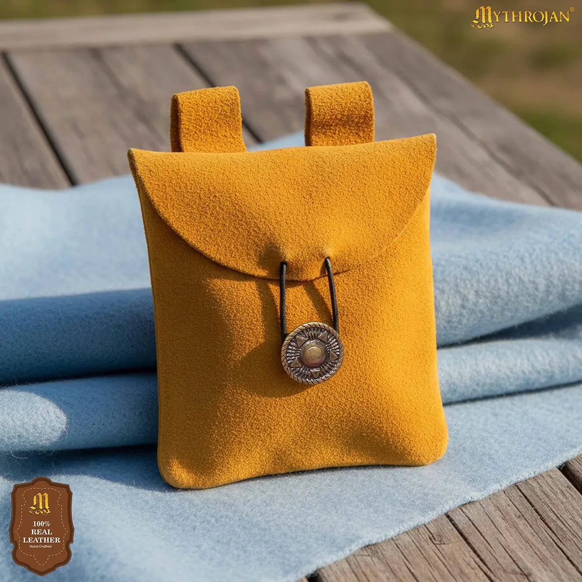 Mythrojan Suede Belt Bag, Ideal for SCA LARP Reenactment & Ren fair, Suede Leather, Yellow , 5 .5”× 5.1 ”