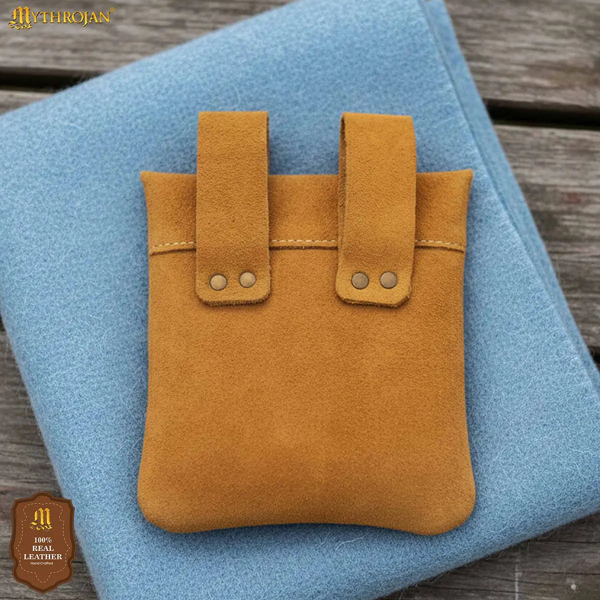 Mythrojan Suede Belt Bag, Ideal for SCA LARP Reenactment & Ren fair, Suede Leather, Yellow , 5 .5”× 5.1 ”