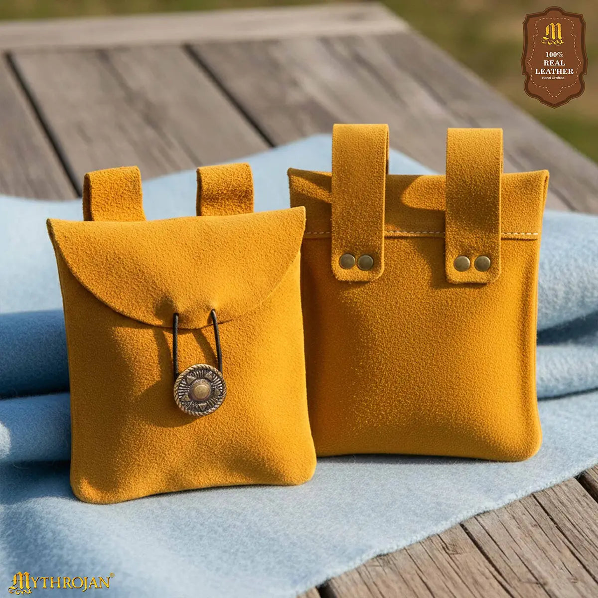 Mythrojan Suede Belt Bag, Ideal for SCA LARP Reenactment & Ren fair, Suede Leather, Yellow , 5 .5”× 5.1 ”