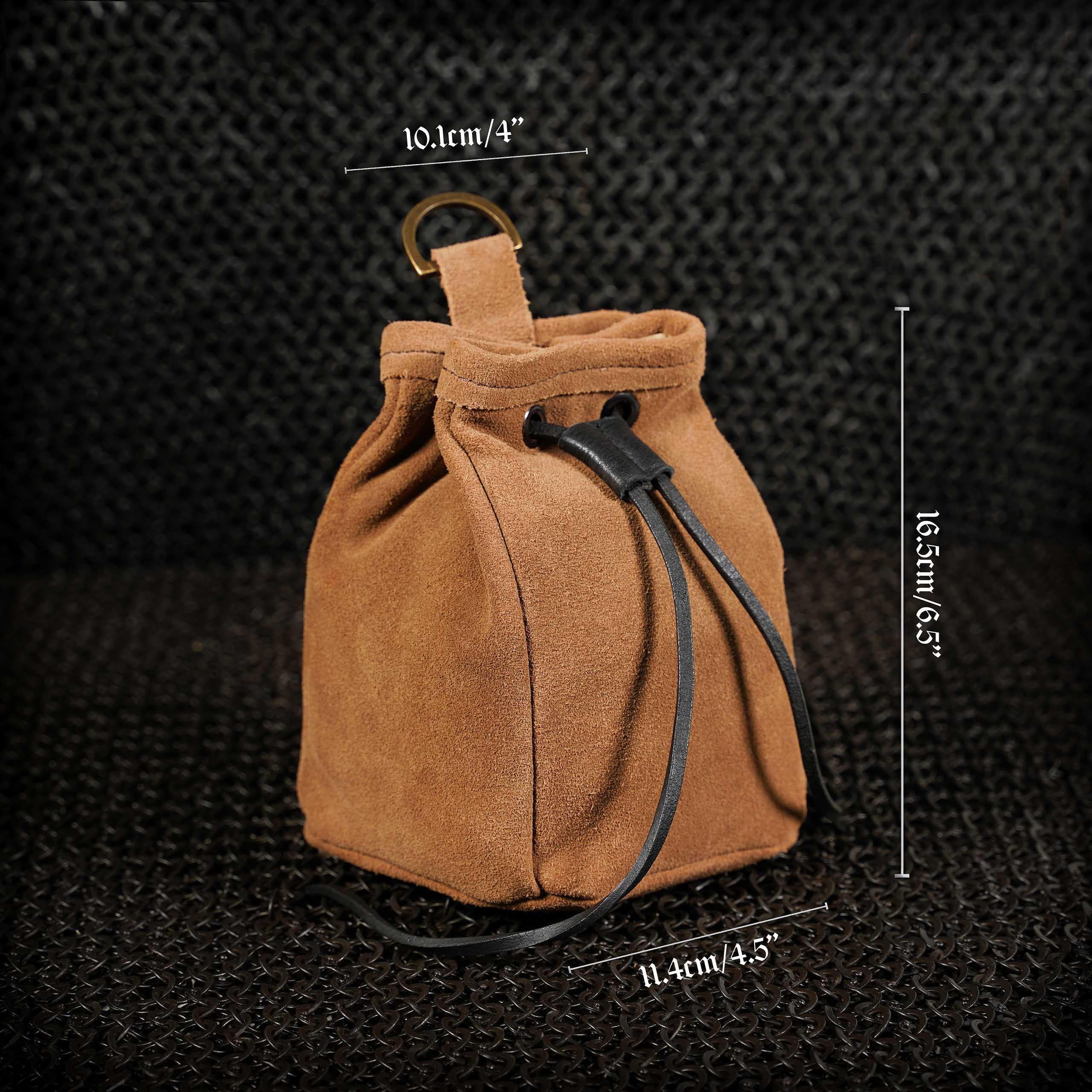 Mythrojan Medieval Drawstring Belt Bag, ideal for SCA LARP reenactment & Ren fair, Suede Leather, Brown, 6.5”×4.5”