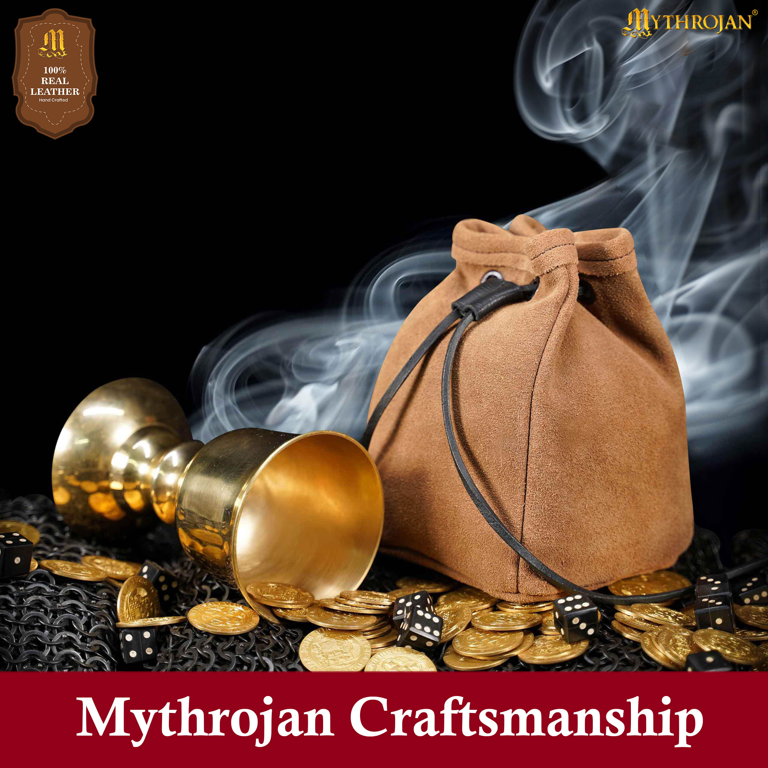 Mythrojan Medieval Drawstring Belt Bag, ideal for SCA LARP reenactment & Ren fair, Suede Leather, Brown, 6.5”×4.5”