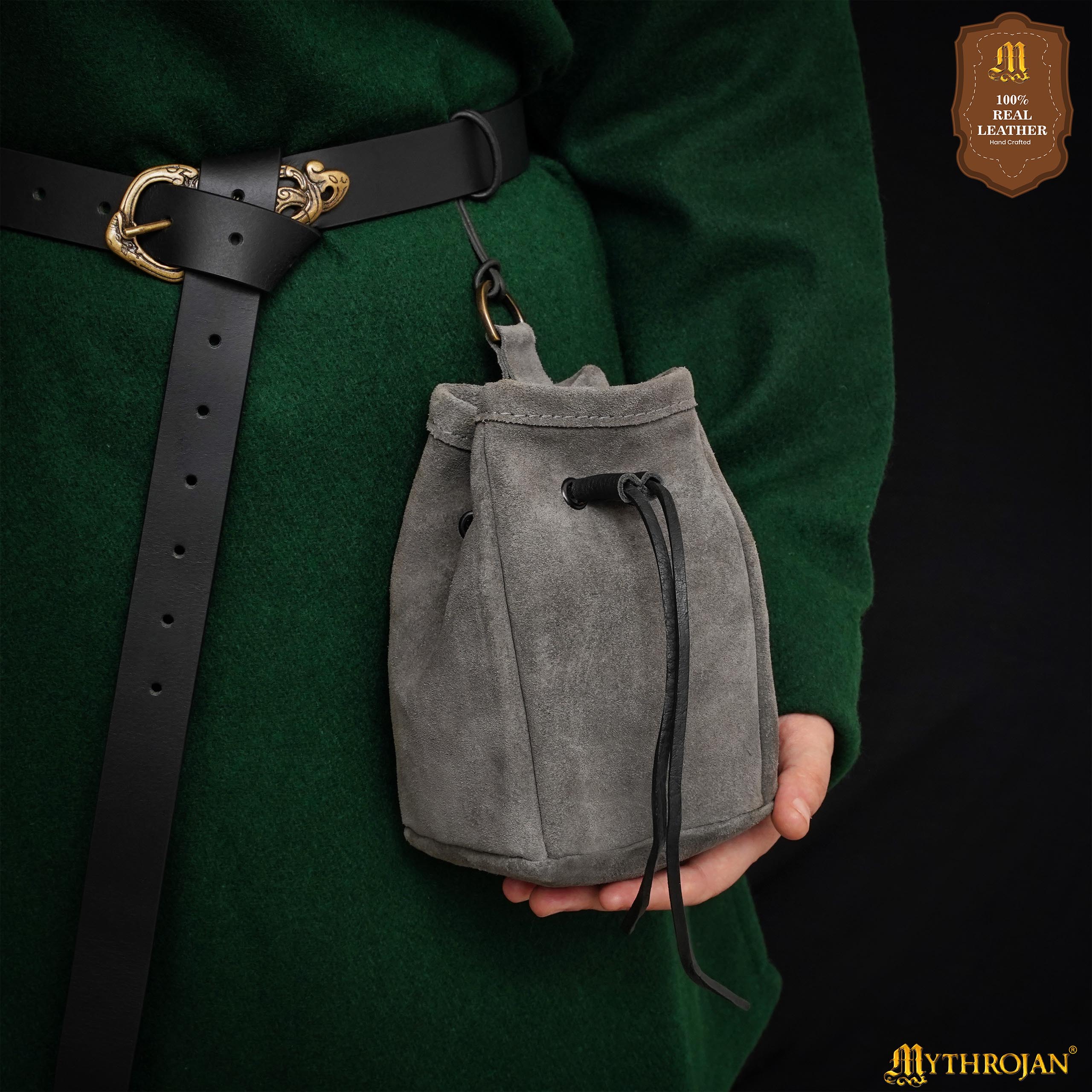 Mythrojan Medieval Drawstring Belt Bag, ideal for SCA LARP reenactment & Ren fair, Suede Leather, Grey, 5”×4”