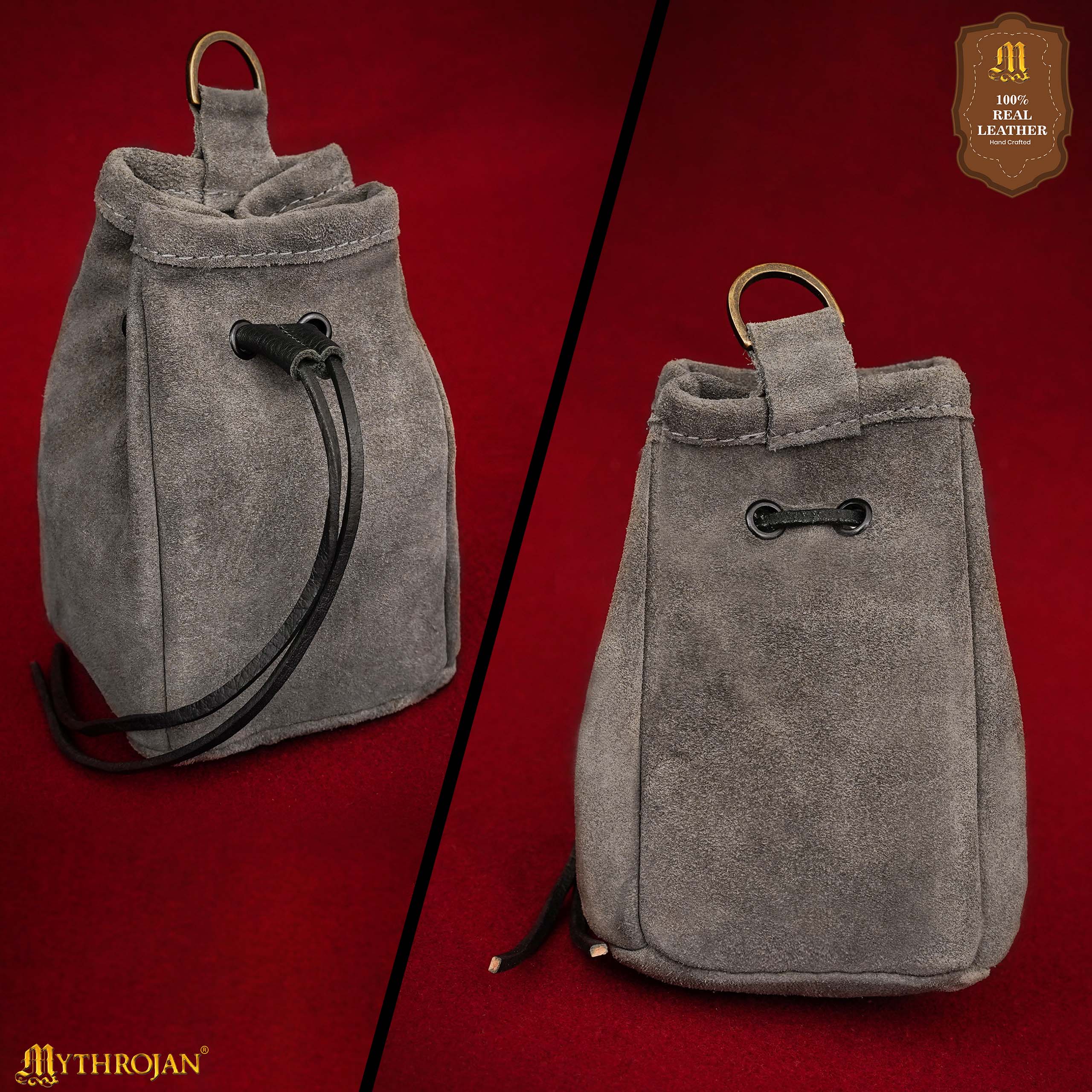 Mythrojan Medieval Drawstring Belt Bag, ideal for SCA LARP reenactment & Ren fair, Suede Leather, Grey, 5”×4”