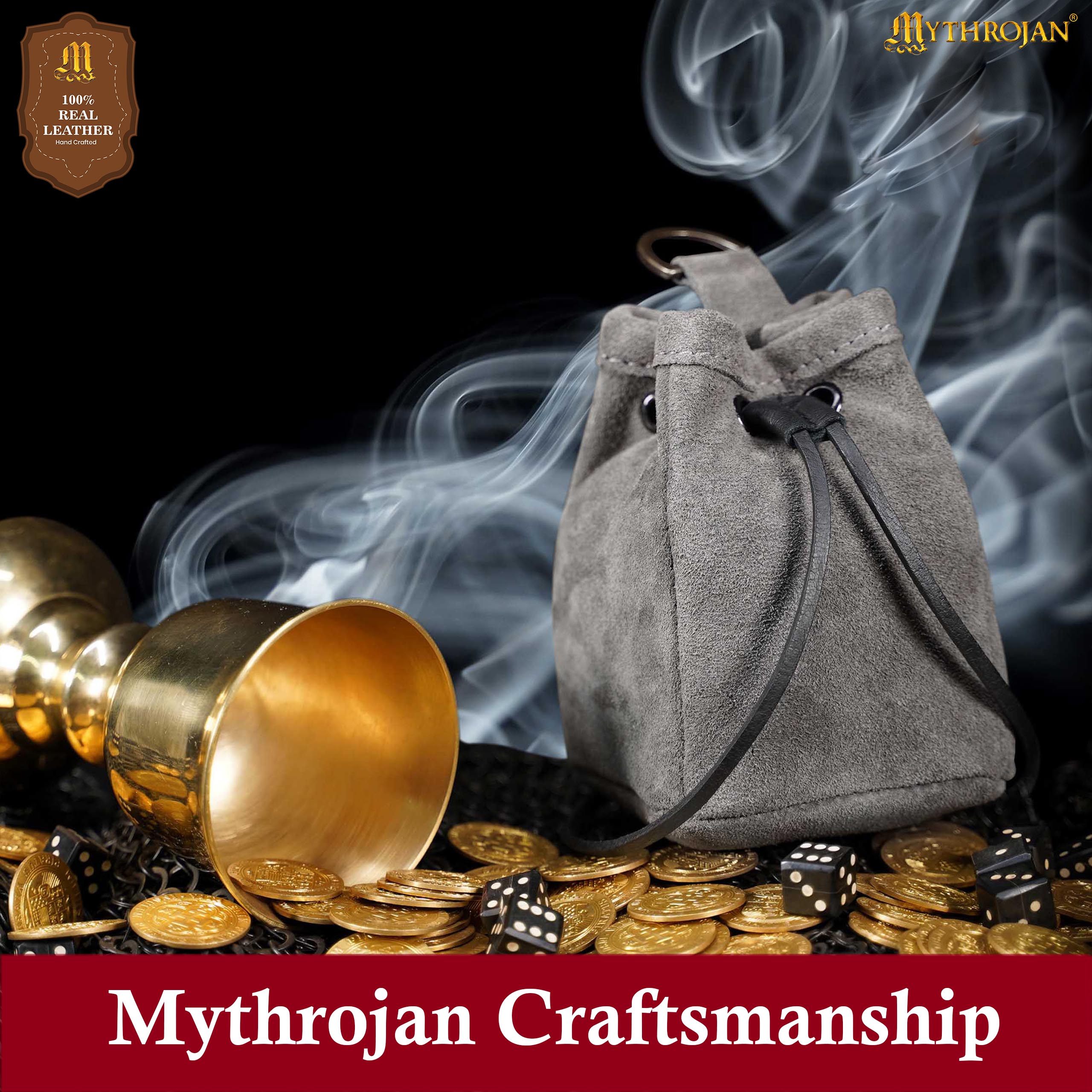 Mythrojan Medieval Drawstring Belt Bag, ideal for SCA LARP reenactment & Ren fair, Suede Leather, Grey, 5”×4”