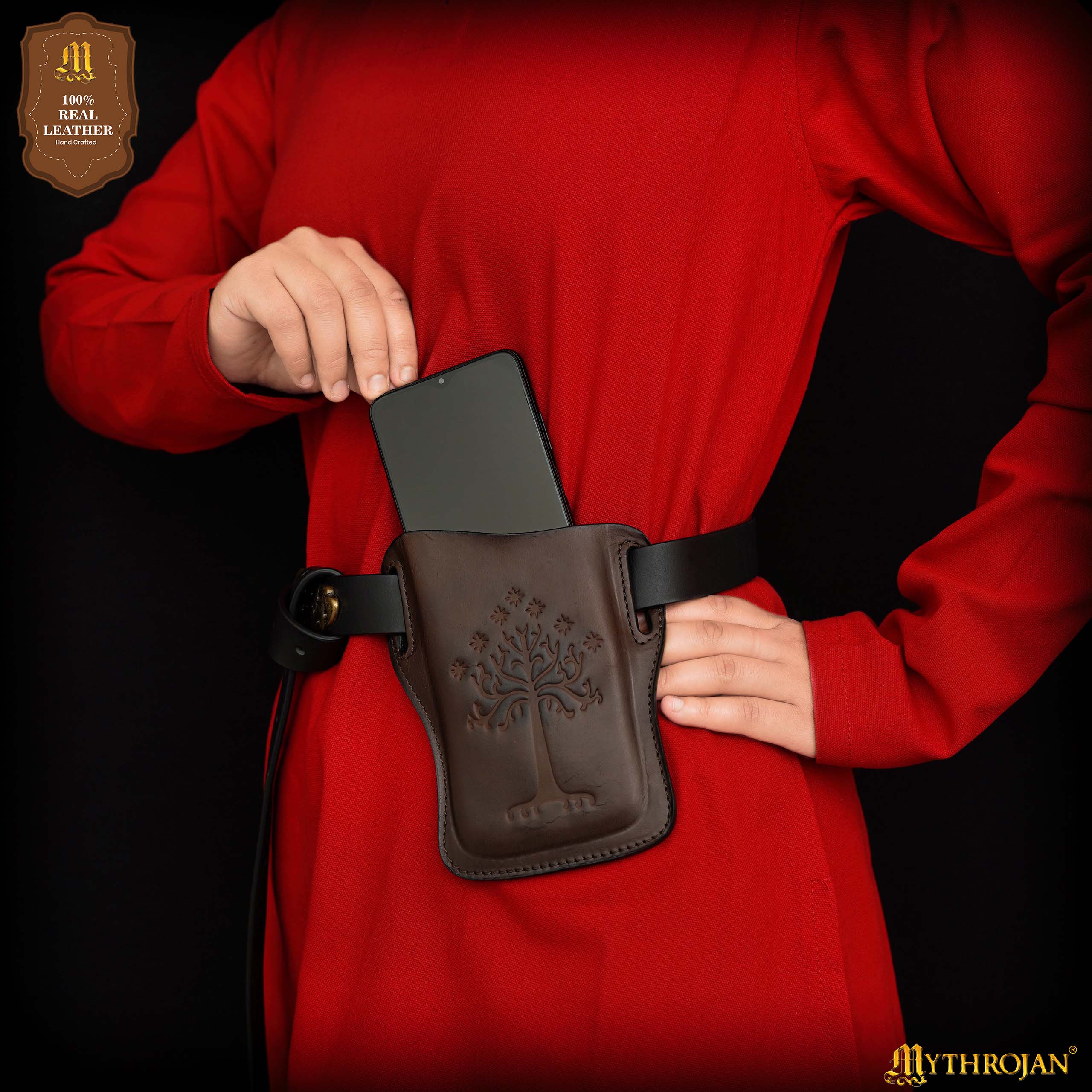 Mythrojan The Tree of Gondor / Numenor Phone Case Genuine Leather Belt Pouch for Mobile Phones, Full Grain Leather, Brown