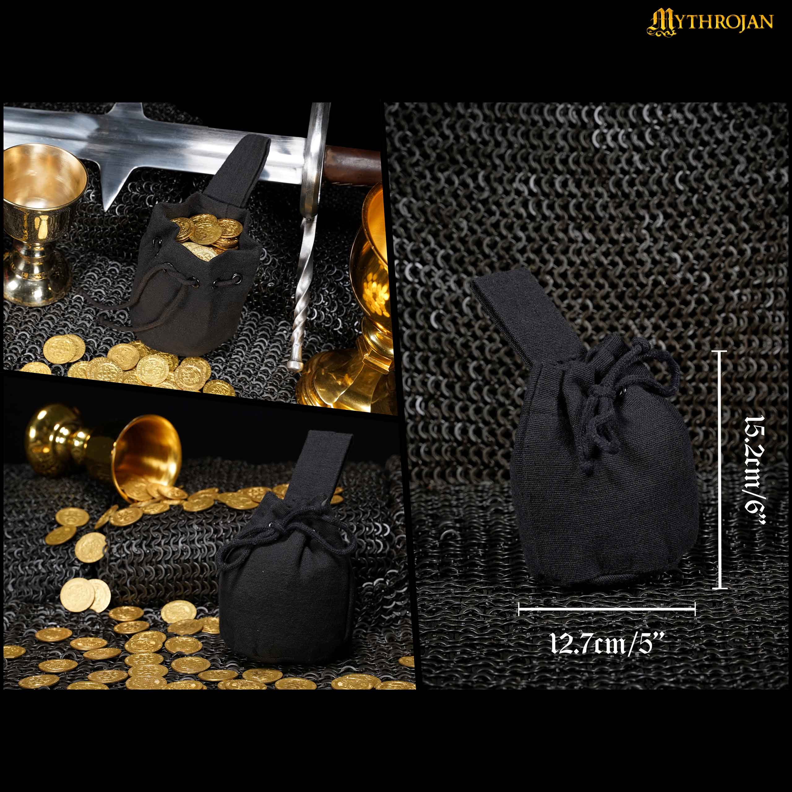 Mythrojan Medieval Drawstring Belt Bag, Ideal for SCA LARP Reenactment & Ren fair, Handwoven Canvas , Black , 6 ”× 5 ”