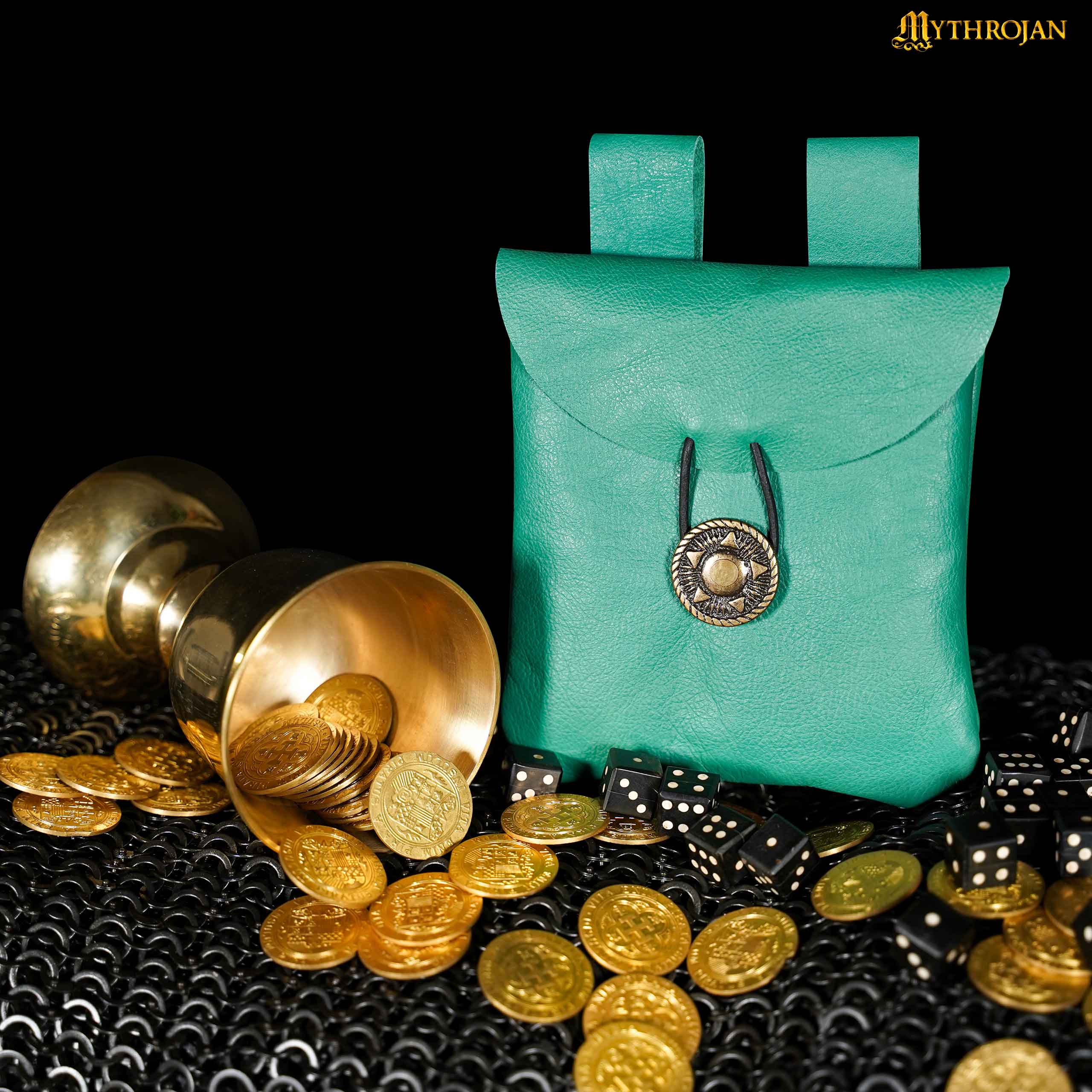 Mythrojan Leather Belt Bag, Ideal for SCA LARP Reenactment & Ren fair, Full Grain Leather, Green , 5 .5”× 5.1 ”