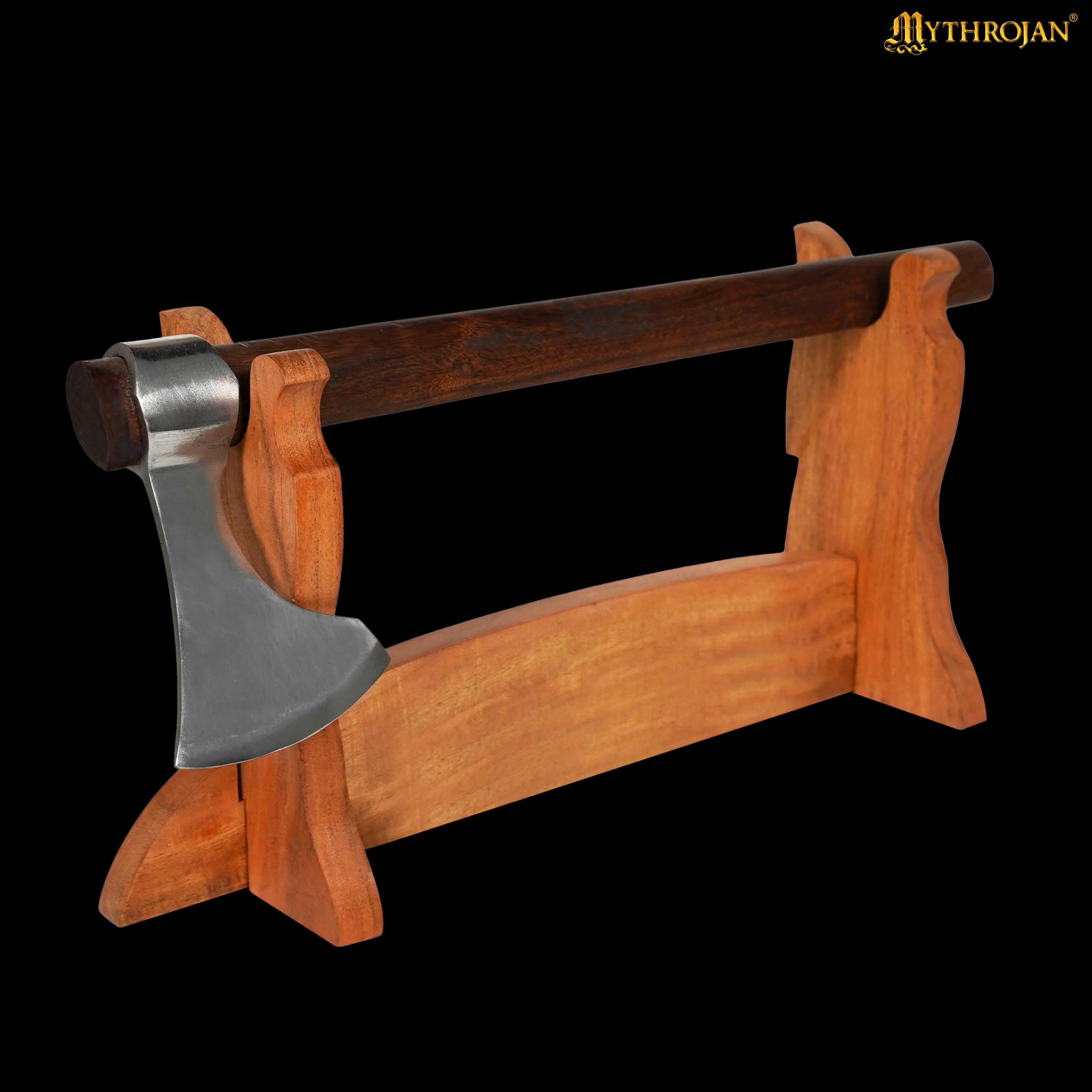Mythrojan Solid Wood Sword Stand, also Ideal for Axe, Samurai Katana, Gladiator or Crusader Swords, One Tier Stand, 17”×8”