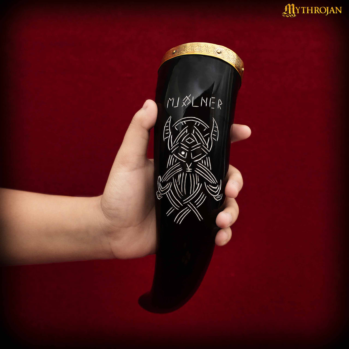 Mythrojan Viking Drinking Horn With Brass Rim & Tip Authentic Medieval Inspired Wine/Mead 400 ML - Polished Finish