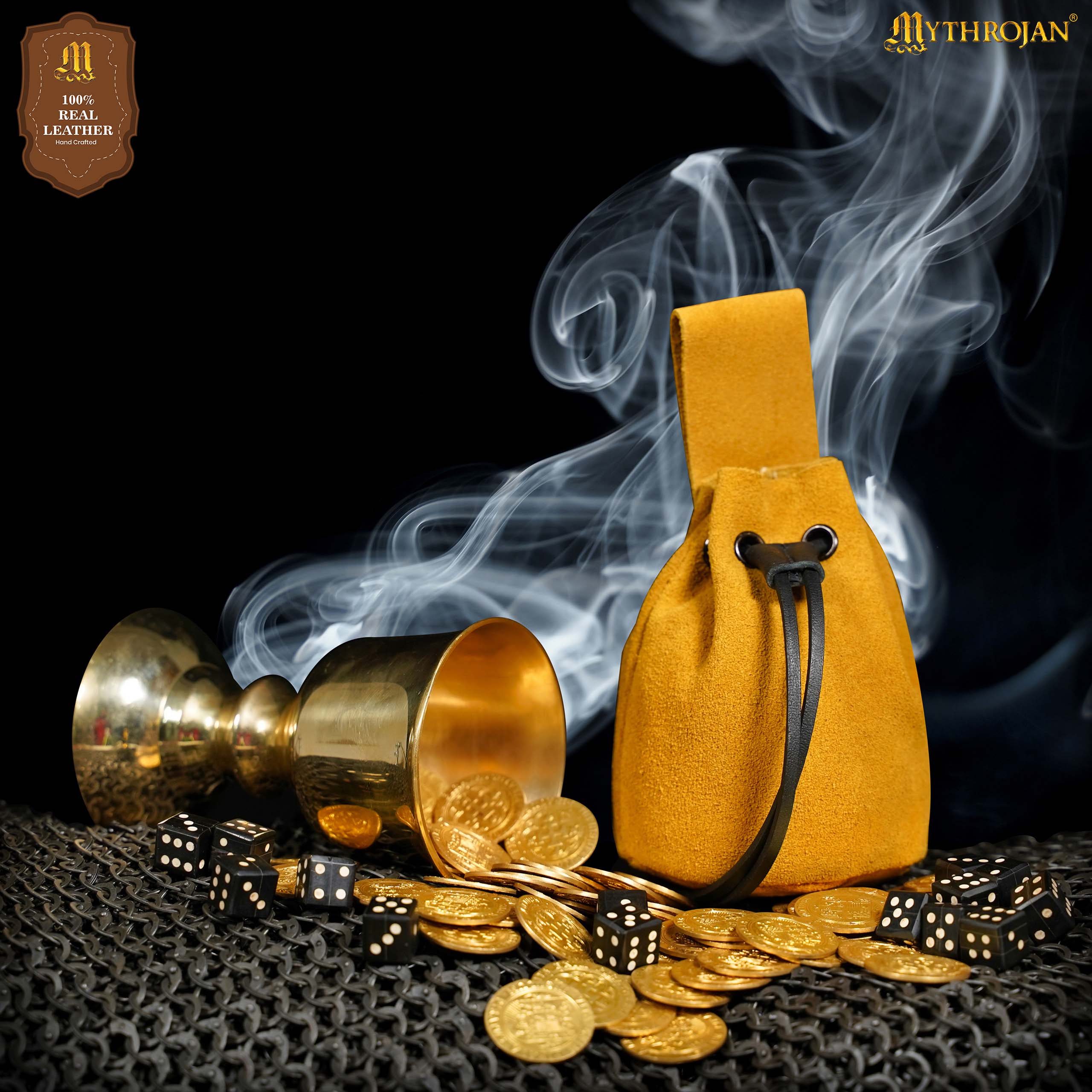 Mythrojan Medieval Drawstring Belt Bag, Ideal for SCA LARP Reenactment & Ren fair , Suede Leather , Gold 6” ×5 ”