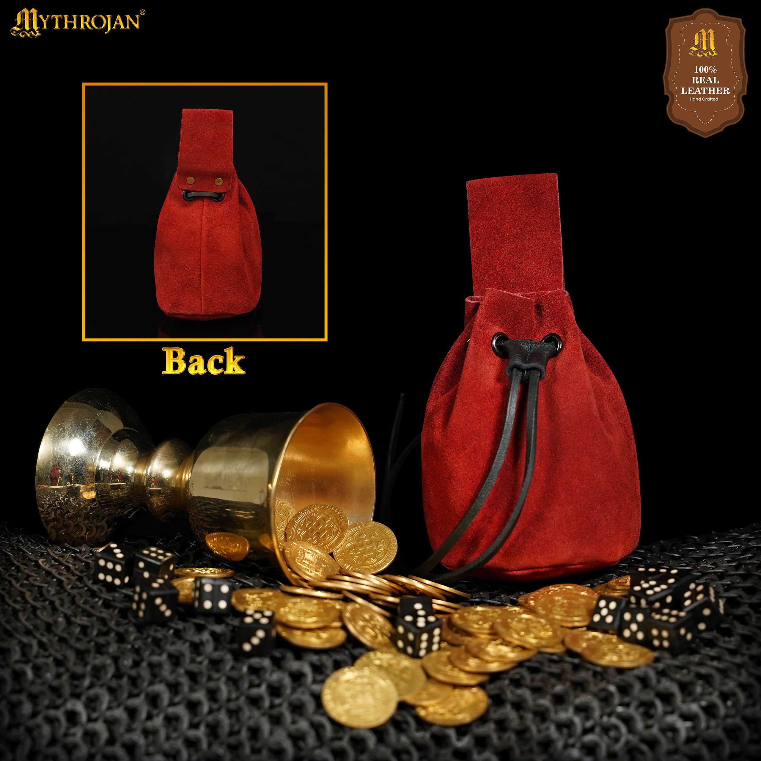 Mythrojan Medieval Drawstring Belt Bag, Ideal for SCA LARP Reenactment & Ren fair , Suede Leather , Cherry 6” ×5 ”