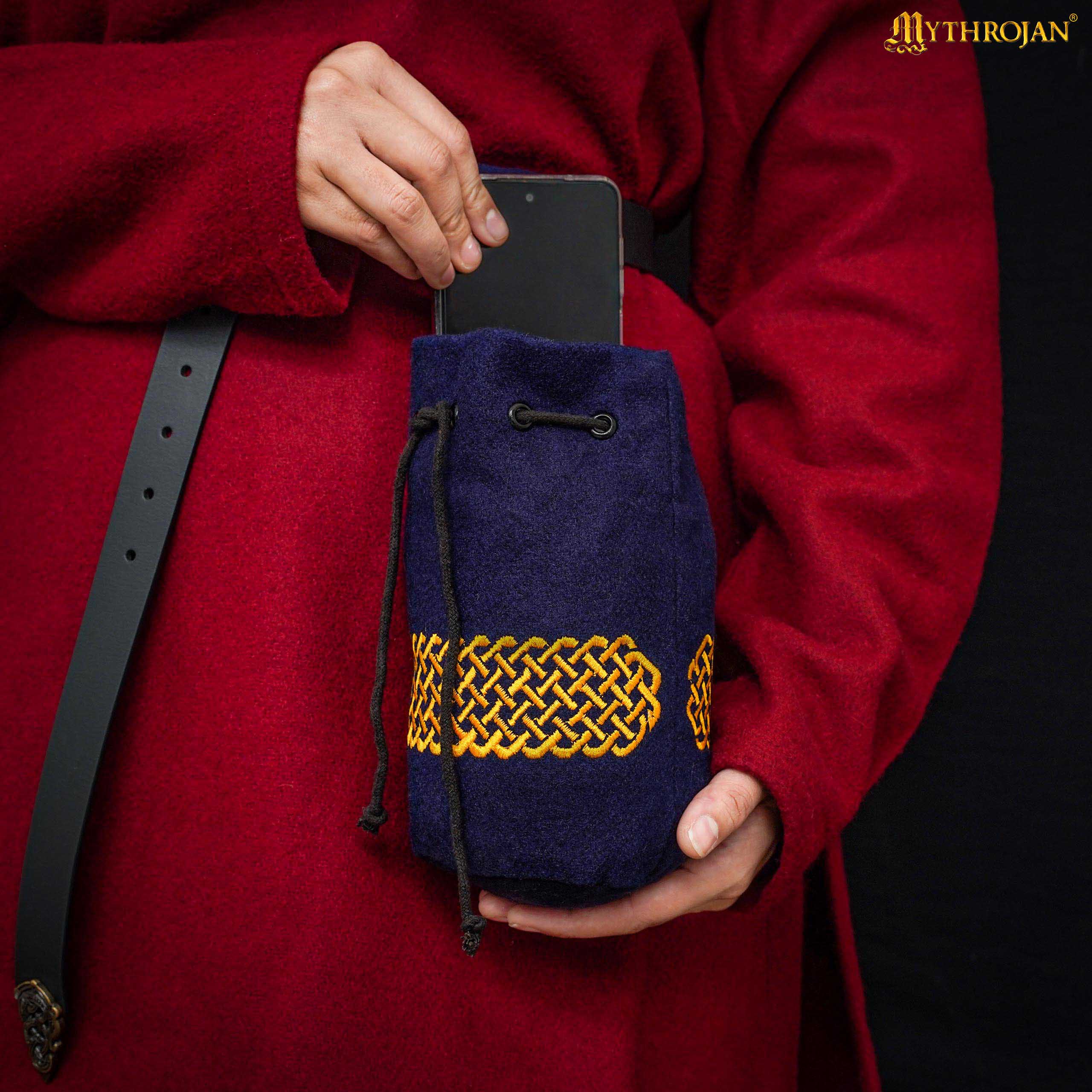 Mythrojan Embroidered Wool Drawstring Belt Pouch: Medieval Viking Celtic Bag Costume Accessories Coin Purse, 8” × 6.5”
