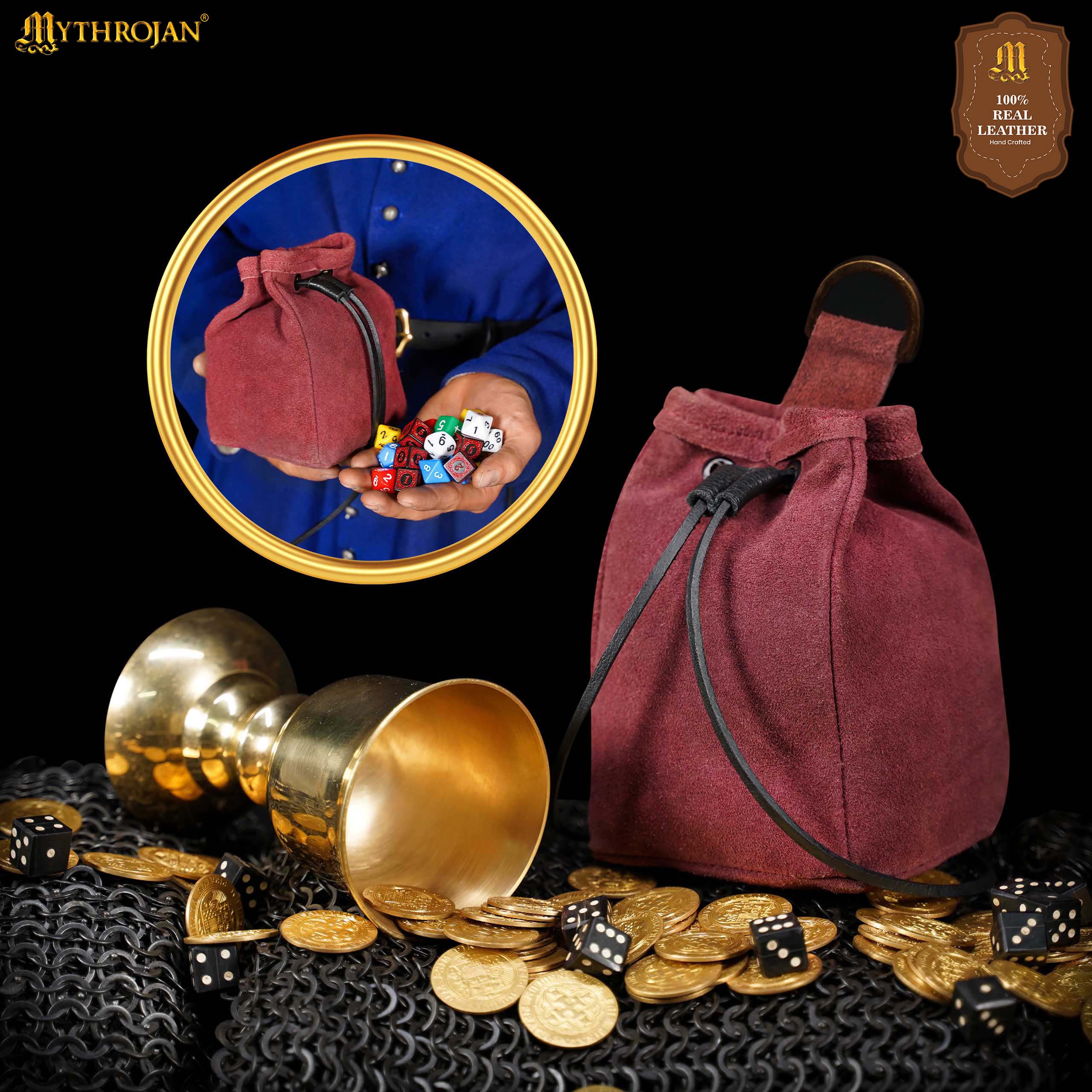 Mythrojan Medieval Drawstring Belt Bag, ideal for SCA LARP reenactment & Ren fair, Suede Leather, Wine Red, 6.5”×4.5”