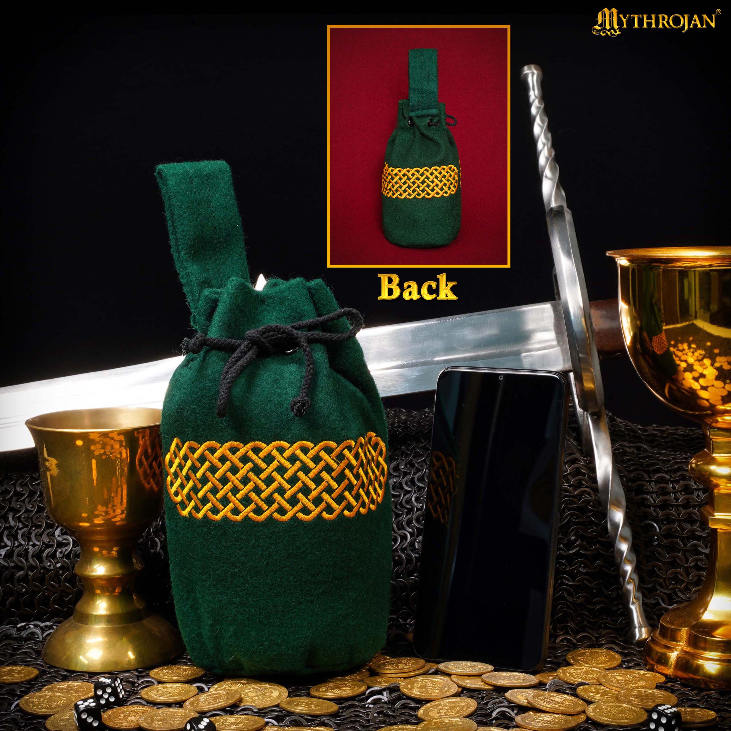 Mythrojan Embroidered Wool Drawstring Belt Pouch: Medieval Viking Celtic Bag Costume Accessories Coin Purse, 8” × 6.5”