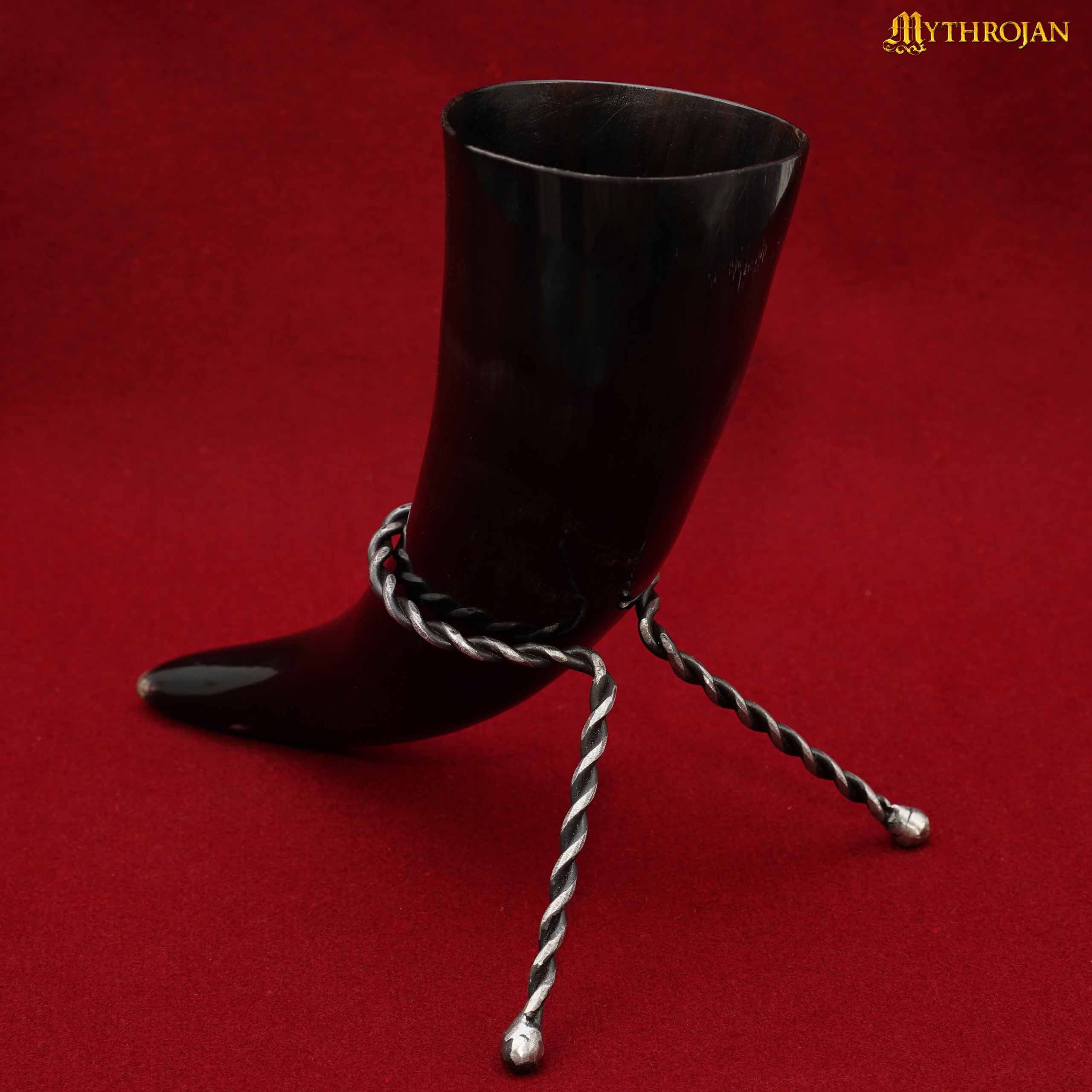 Mythrojan Hand Forged Drinking Horn Twisted Rack: Iron Mead Ale Horn Stand Medieval & Viking : Large Size