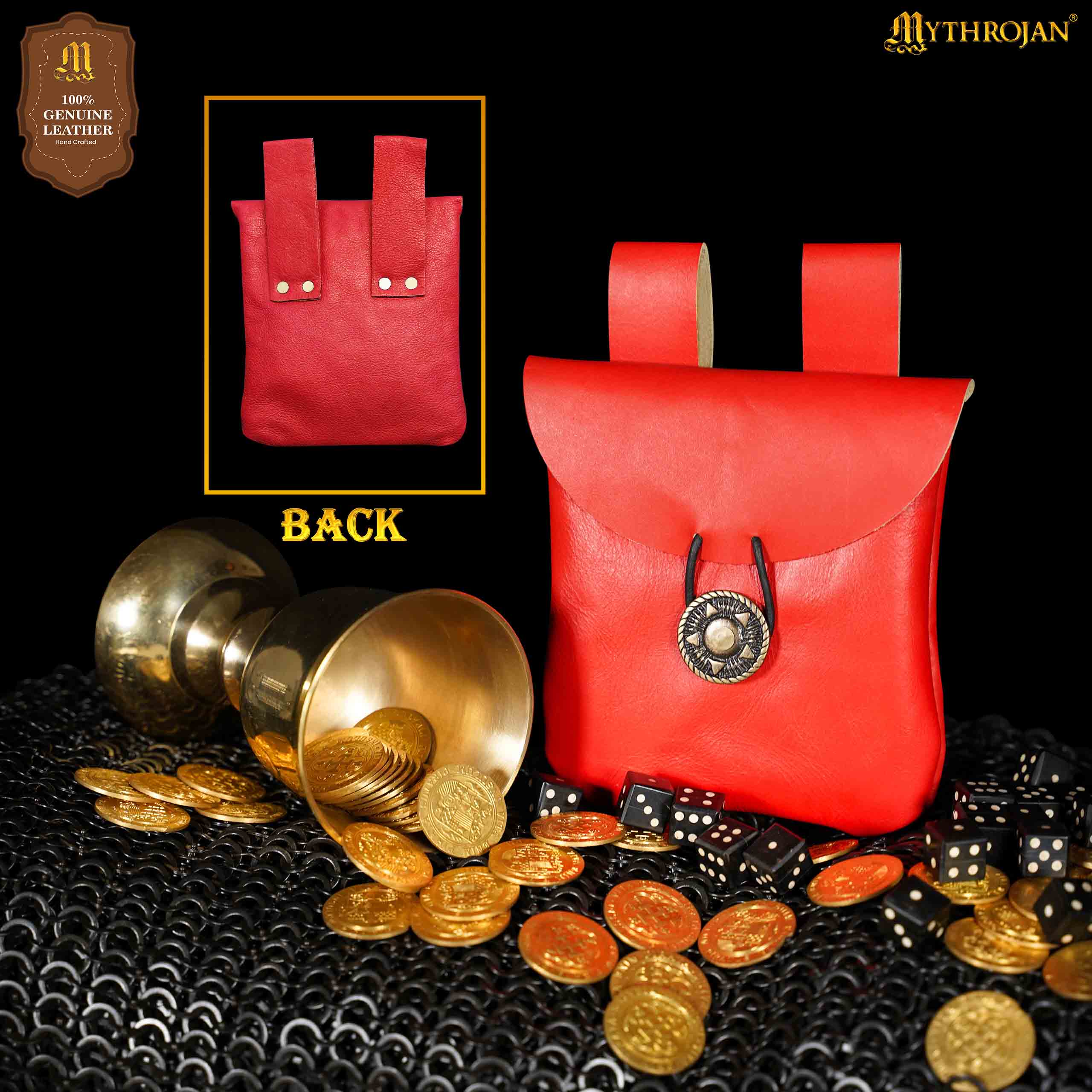Mythrojan Leather Belt Bag, Ideal for SCA LARP Reenactment & Ren fair, Full Grain Leather, Red , 5 .5”× 5.1 ”