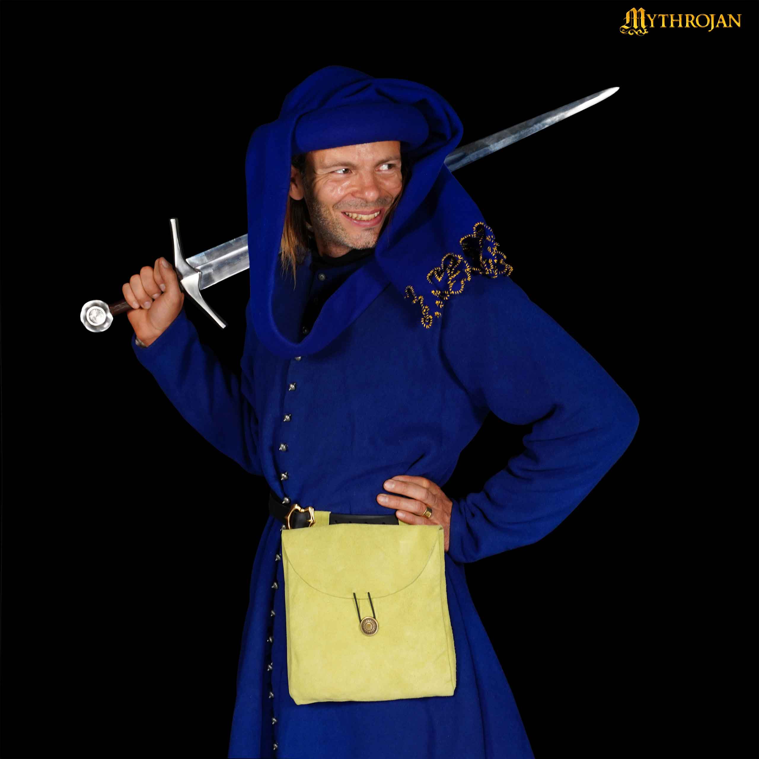 Mythrojan Large Suede Belt Bag, Ideal for SCA LARP Reenactment & Ren Fair, Suede Leather, Citrus, 9”×9”
