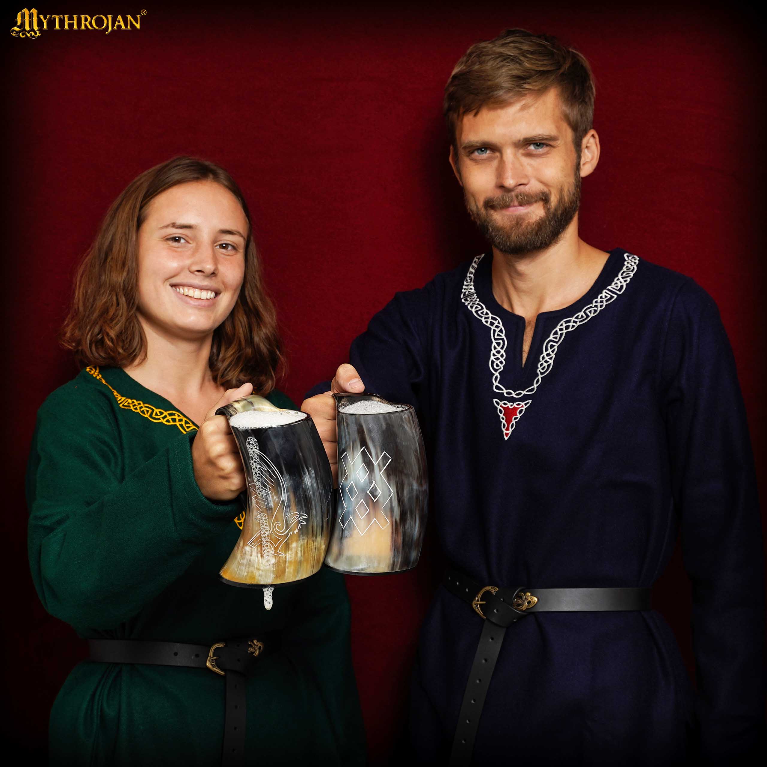 Mythrojan Tumbler Viking Drinking Cup with Handle & Medieval Buckle Renaissance with Leather Strap - Unique Patern