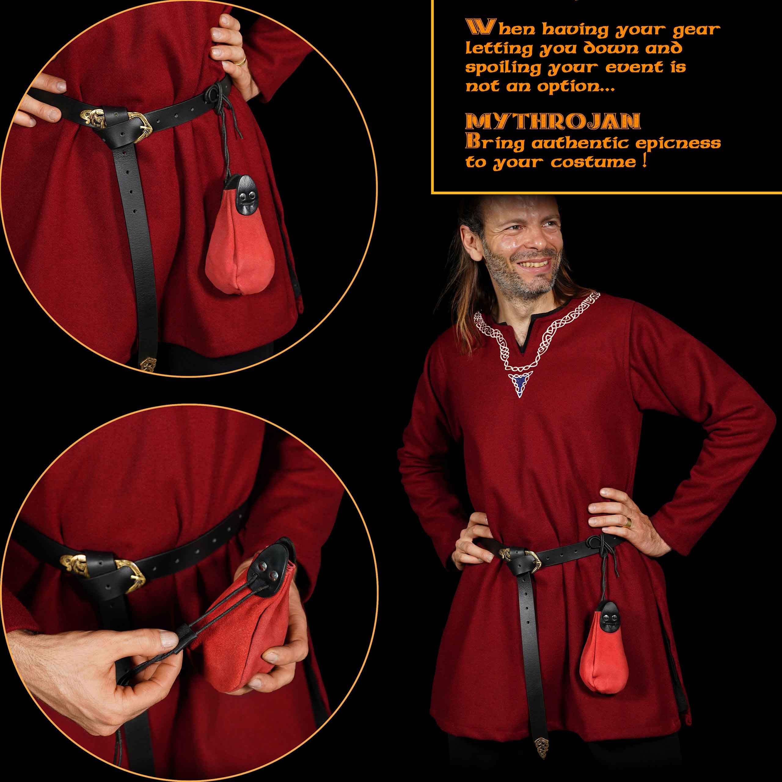Mythrojan “Gold and Dice” Drawstring Pouch, Ideal for SCA LARP Reenactment & Ren fair - Suede Leather Pouch, Black and Red , 6 ”