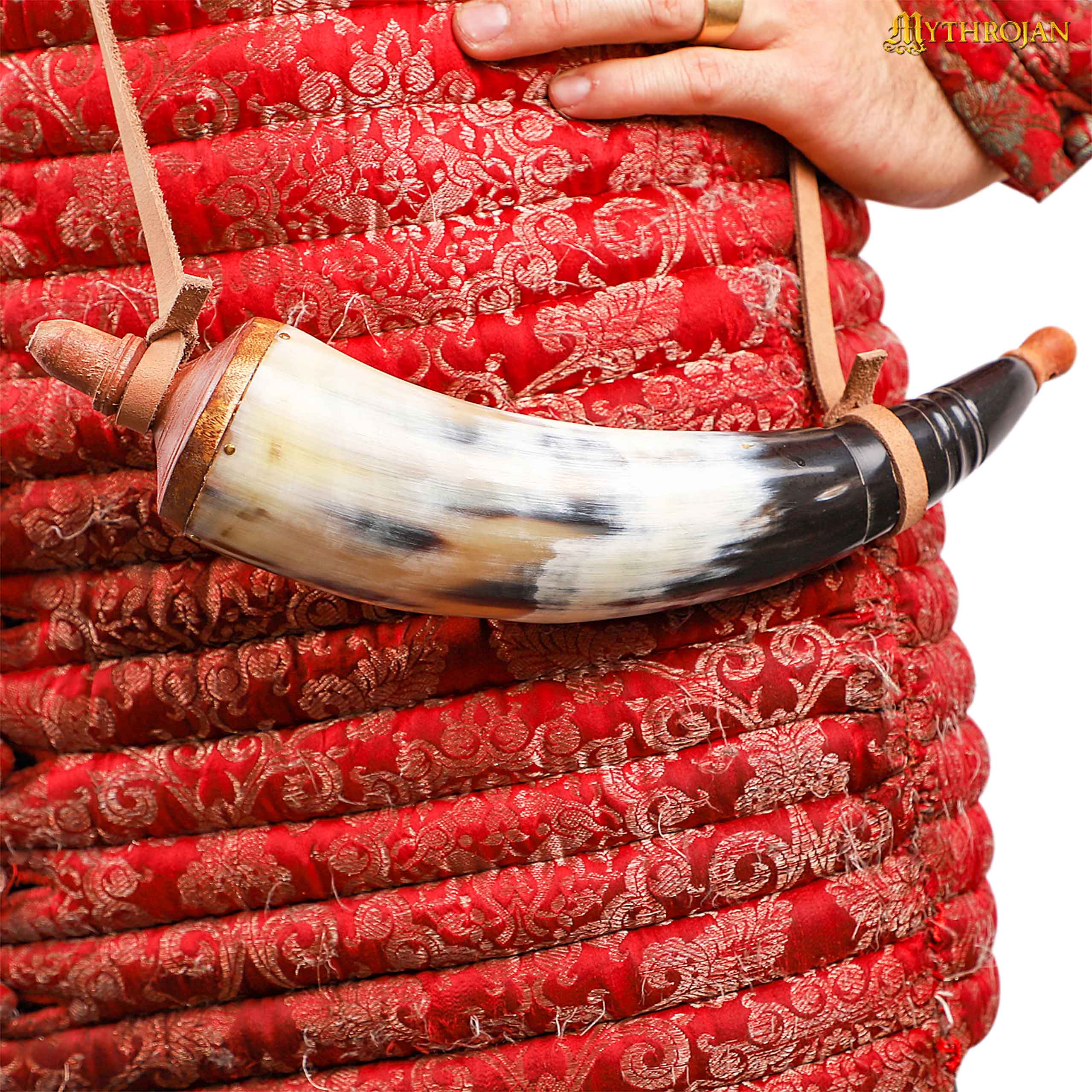 Mythrojan Hand Carved Powder Horn Black Powder Horn for Rifles Civil War Reenactment Accessories Gun Powder Horn with Strap Replica Muzzleloading Supplies Mountain Man Reenactment