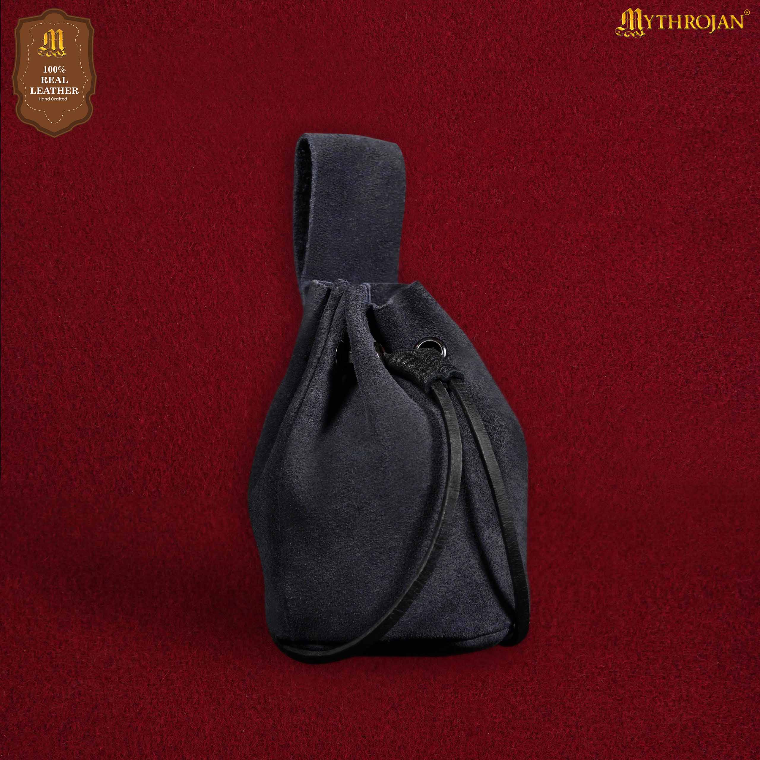 Mythrojan Medieval Drawstring Belt Bag, Ideal for SCA LARP Reenactment & Ren Fair, Suede Leather, Midnight Navyblue, 5”×6”
