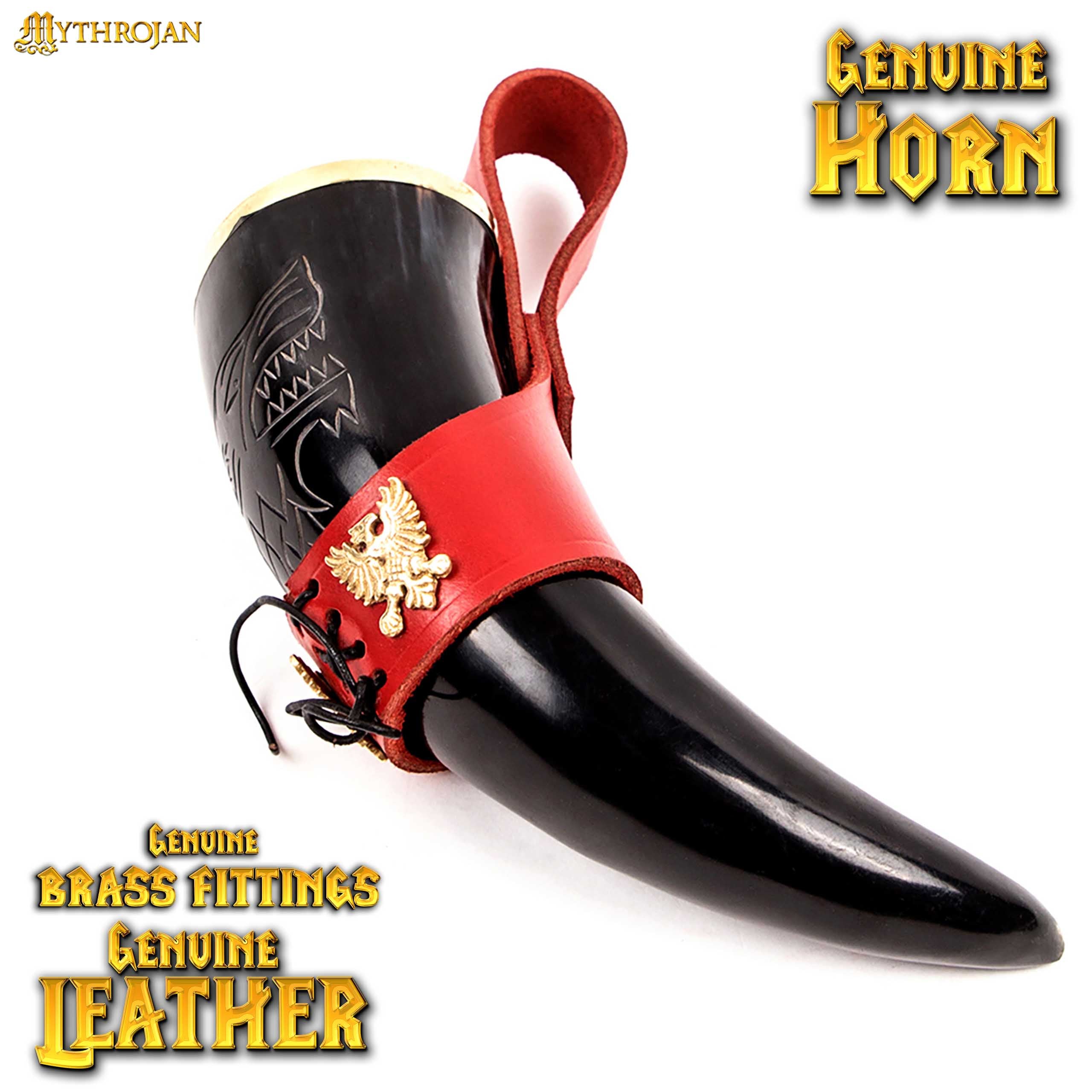 Mythrojan The King of The North - Viking Drinking Horn with Leather Holder - Polished Finish - 300 ML / with Red Leather Holder - 300ML