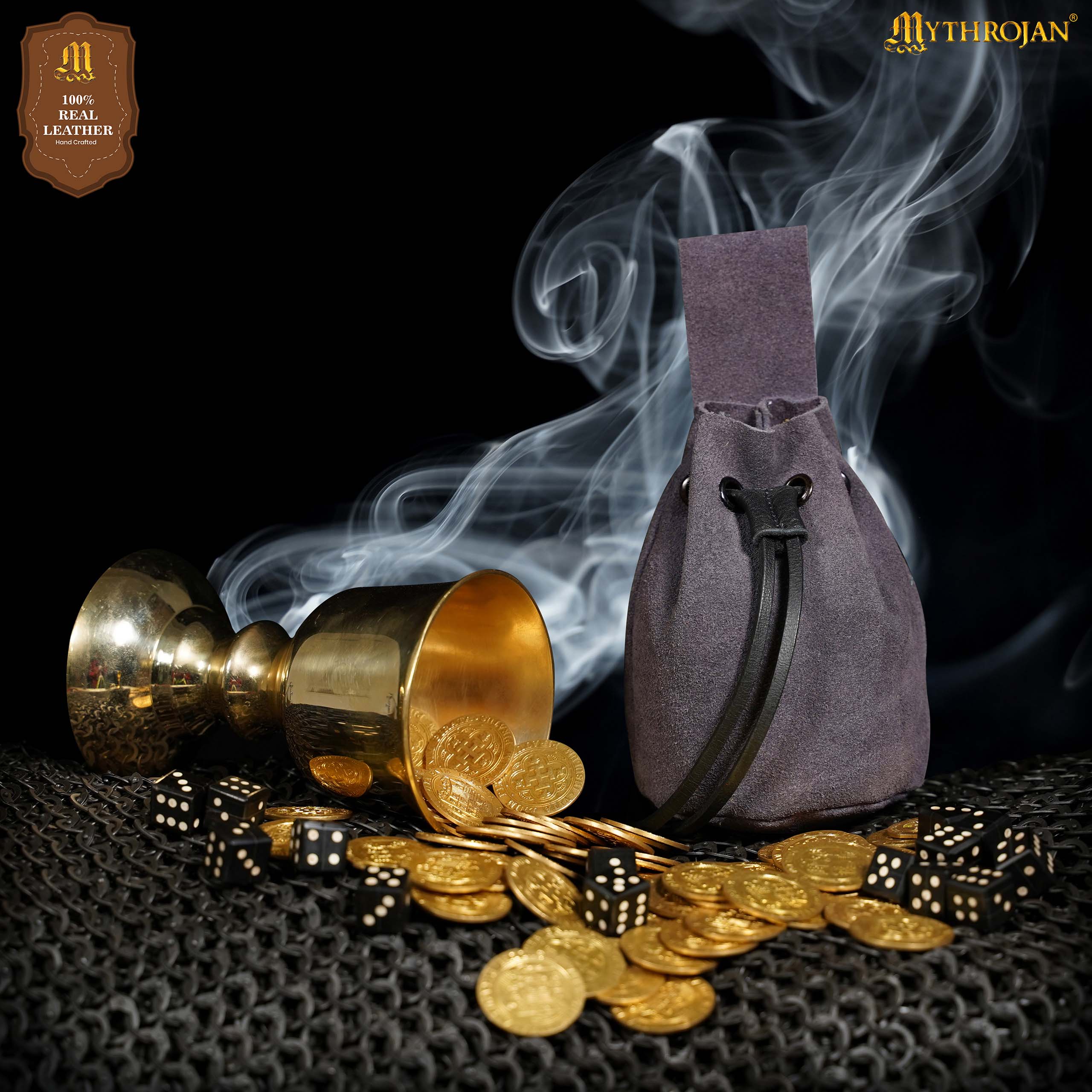 Mythrojan Medieval Drawstring Belt Bag, Ideal for SCA LARP Reenactment & Ren Fair, Suede Leather, Blue 6”×5”
